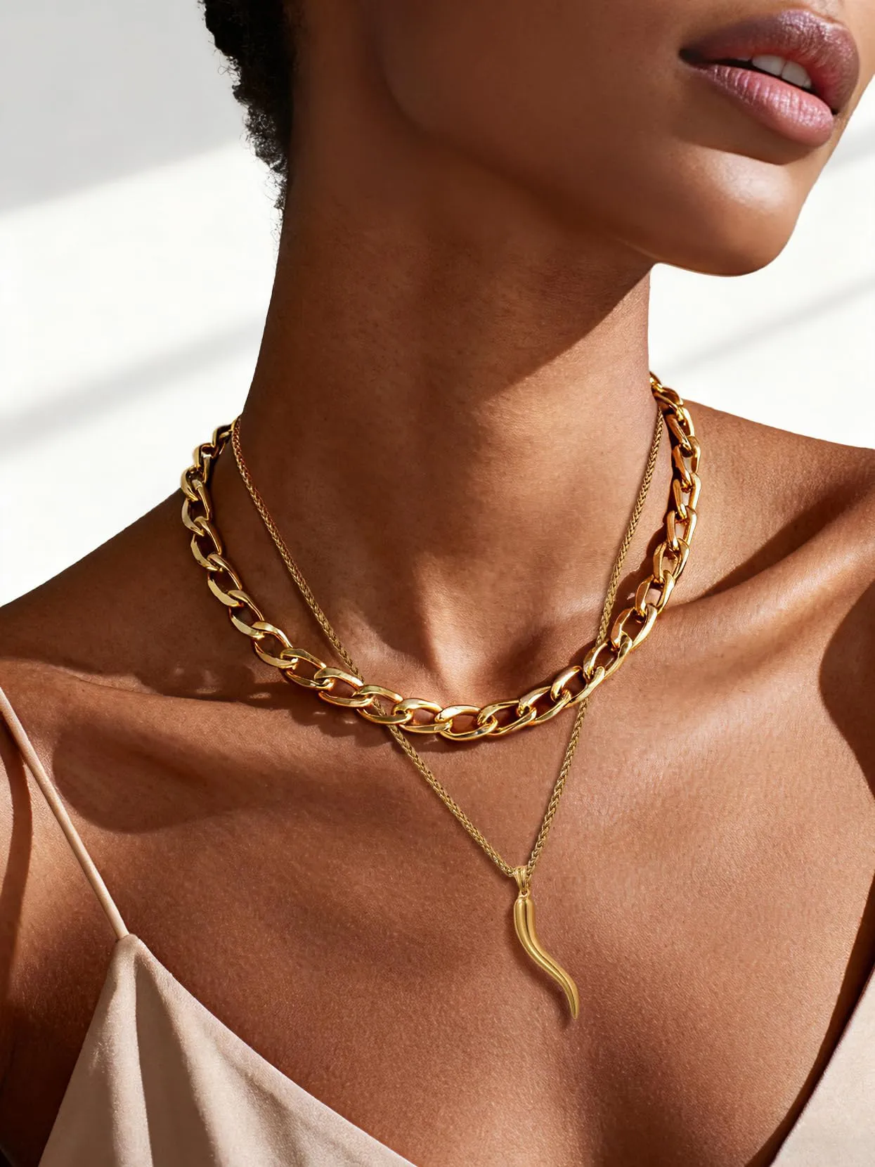 U7 Collana Uomo Portafortuna Corno Italiano Oro 51mm Acciaio Inossidabile - immagine 2