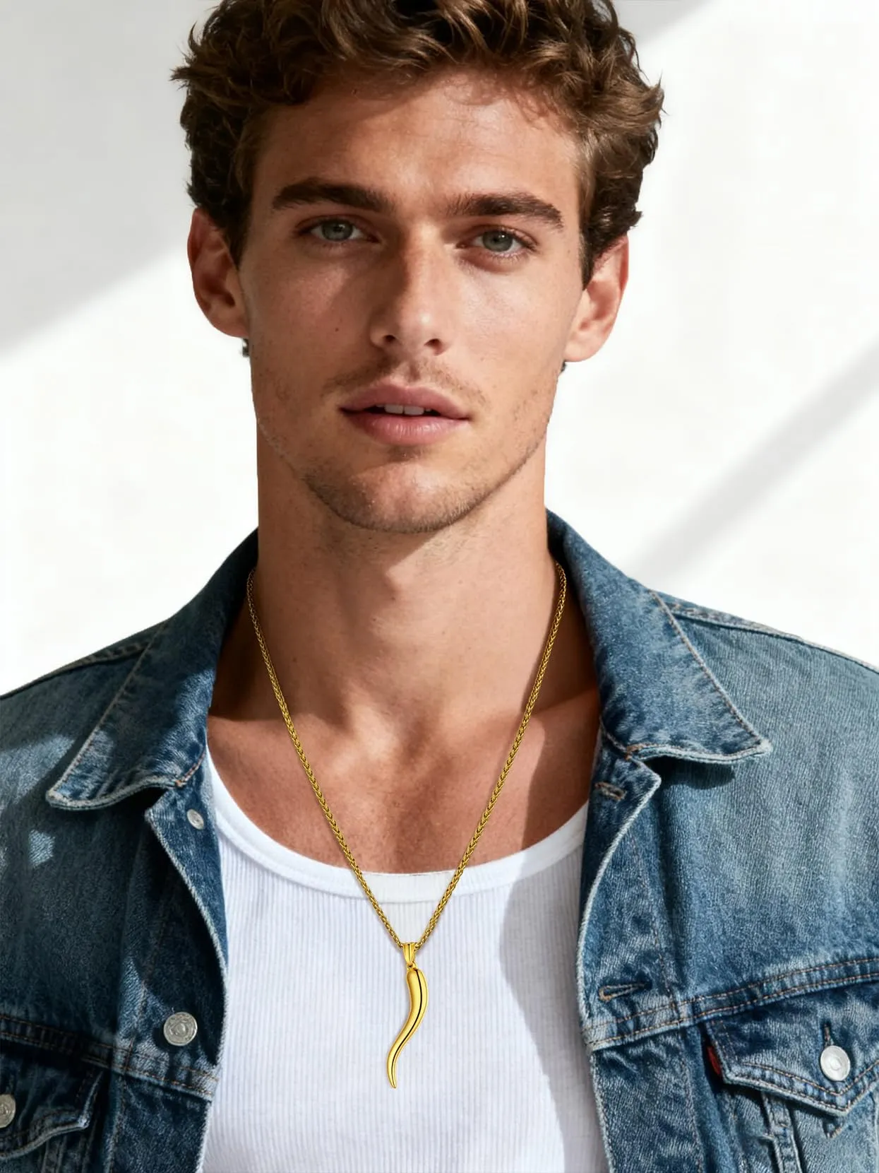 U7 Collana Uomo Portafortuna Corno Italiano Oro 51mm Acciaio Inossidabile - immagine 3