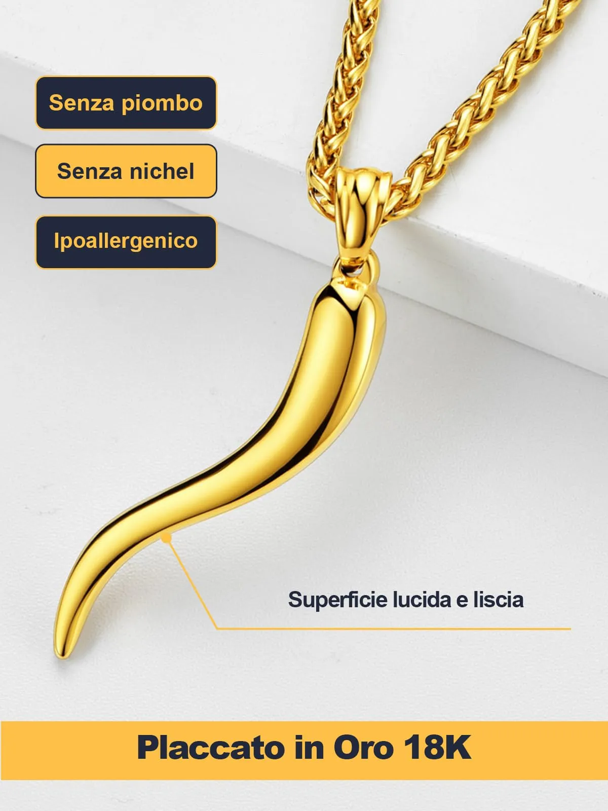 U7 Collana Uomo Portafortuna Corno Italiano Oro 51mm Acciaio Inossidabile - immagine 4