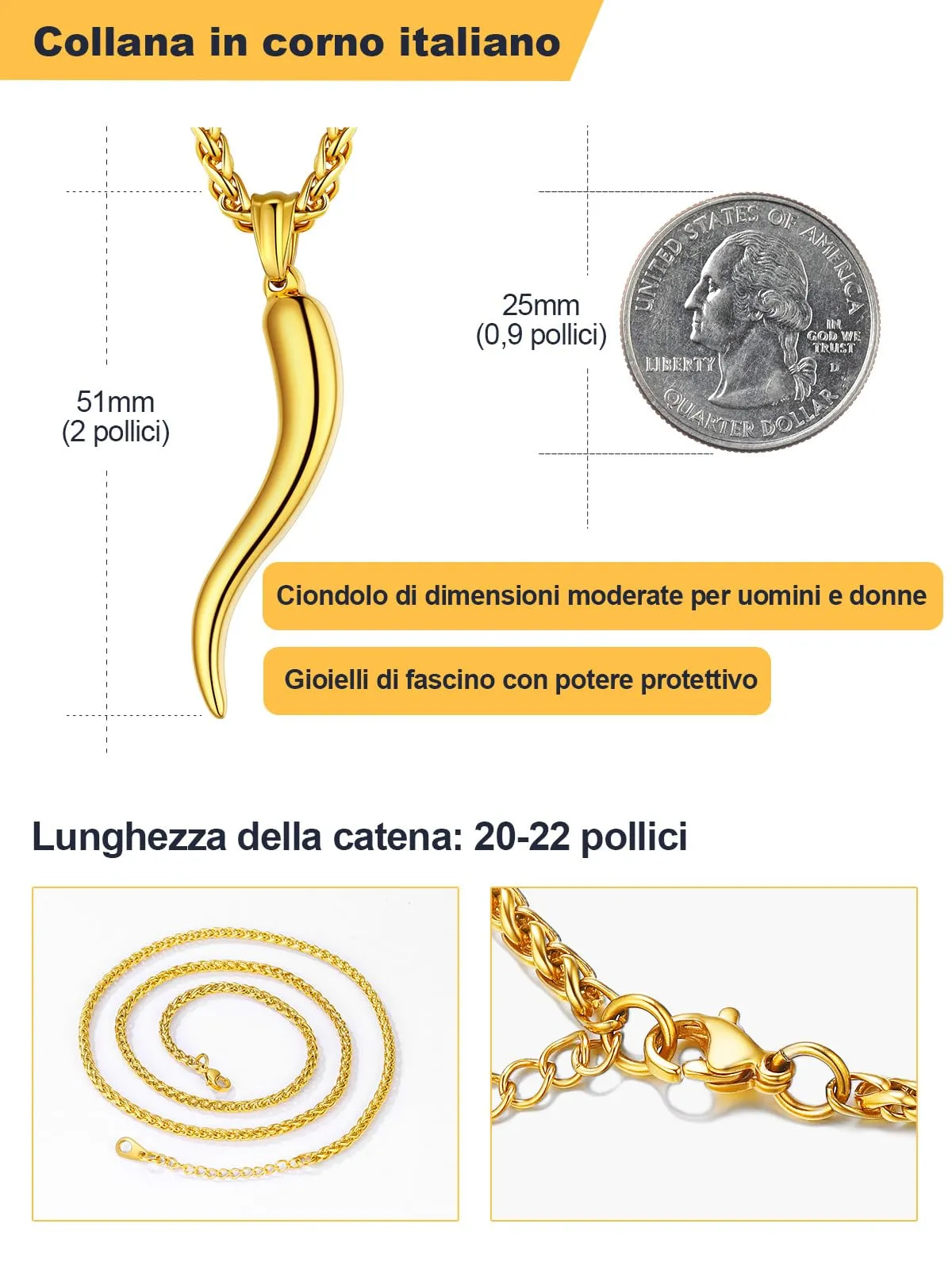 U7 Collana Uomo Portafortuna Corno Italiano Oro 51mm Acciaio Inossidabile - immagine 5