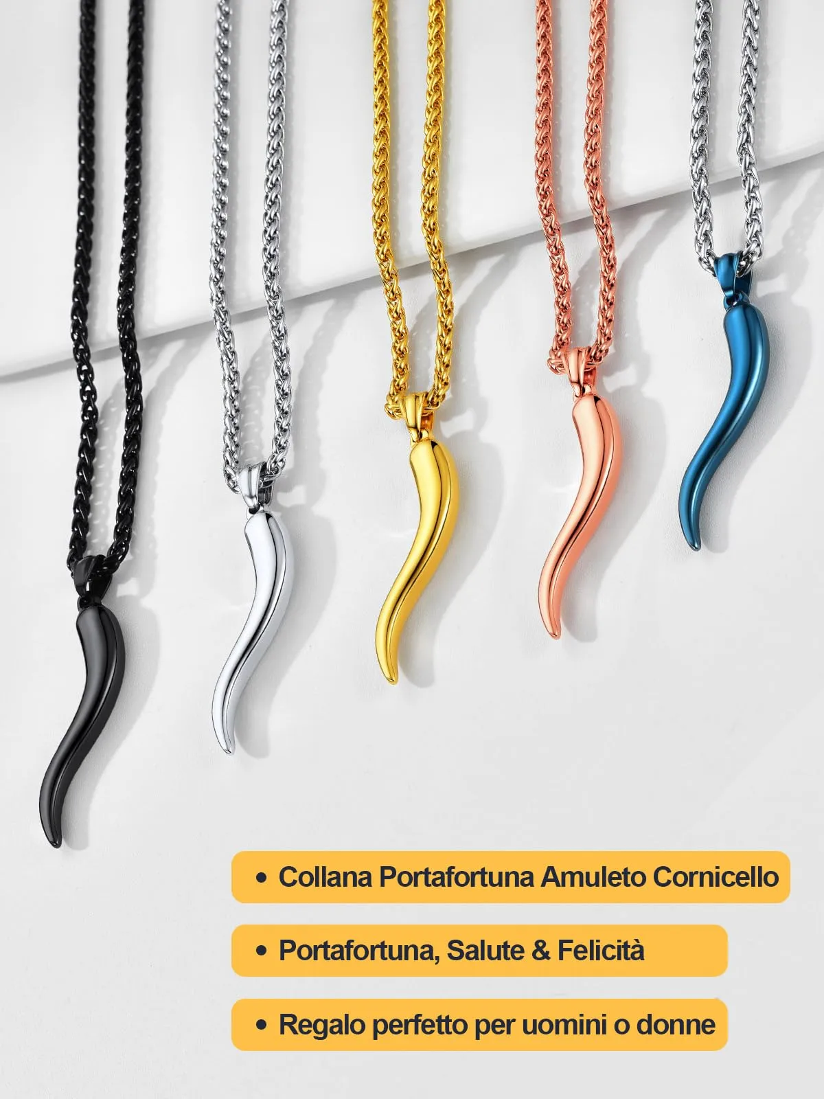 U7 Collana Uomo Portafortuna Corno Italiano Oro 51mm Acciaio Inossidabile - immagine 7