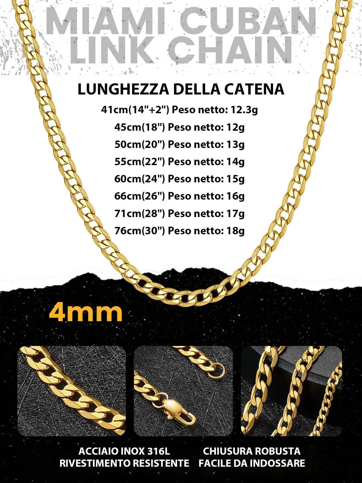 GoldChic Jewelry Collana Uomo Oro da 4 mm, Catena Cubana Piatta Placcata Oro 18K Collana Acciaio Ragazzi Collana Catena Uomo Oro con Confezione Regalo - immagine 7