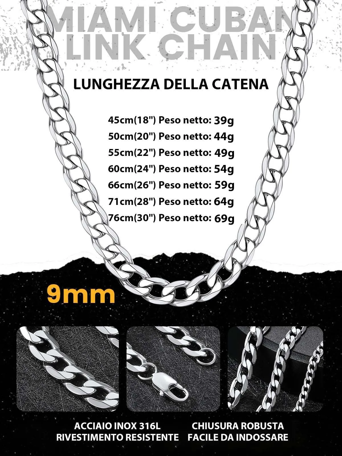GoldChic Jewelry Collana a Catena Grumetta In Acciaio Inossidabile, 9 MM Di Spessore, Collegamento Cubano Hip Hop Jewerly Per Rapper - immagine 5