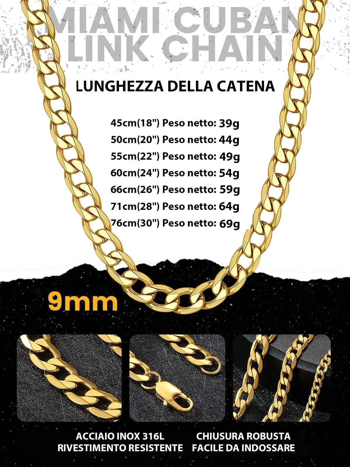 GoldChic Jewelry Collana Hip Hop In Oro Per Donna e Uomo, Collana Corta Con Catena Spessa Da 9 MM - immagine 5