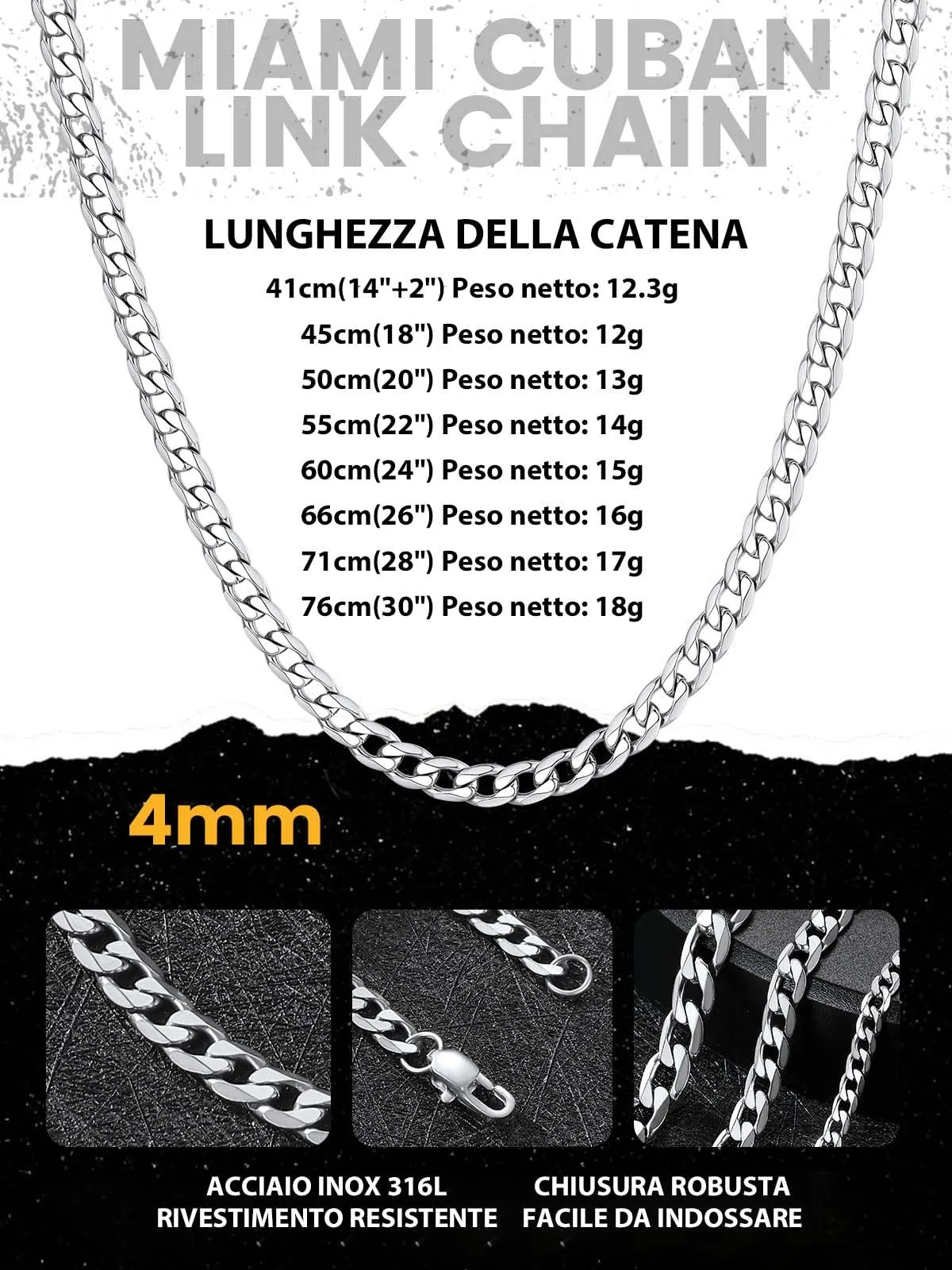 GoldChic Jewelry Collana a Catena Cubana Piatta, Catene Di Base a Maglia Grumetta In Acciaio Da 4 mm Con Confezione Regalo - immagine 6
