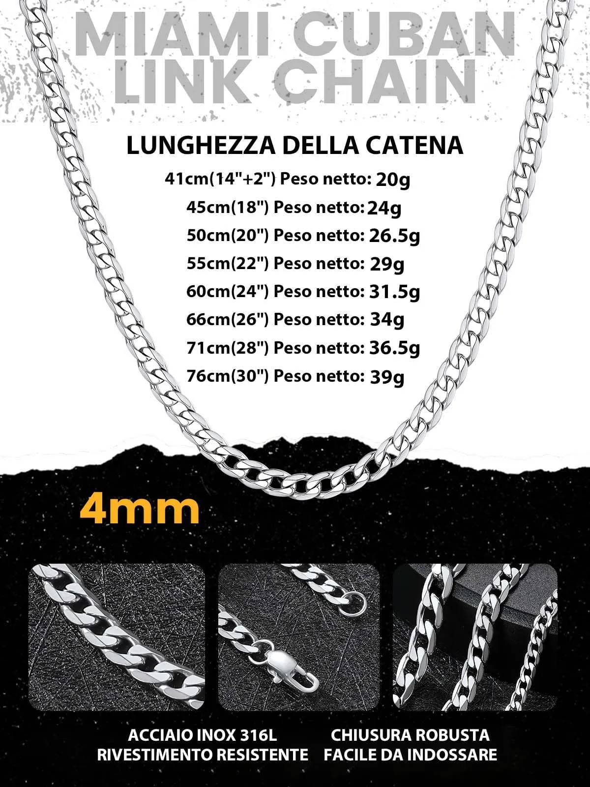GoldChic JEWELRY Collana Acciaio Uomo a Catena Cubana da 6 mm, Collana Catena Maglia Cubana Hip Hop in Acciaio Inossidabile 316L Girocollo Uomo Acciaio 46CM Collana Ragazzo Regalo per Ragazzo - immagine 3