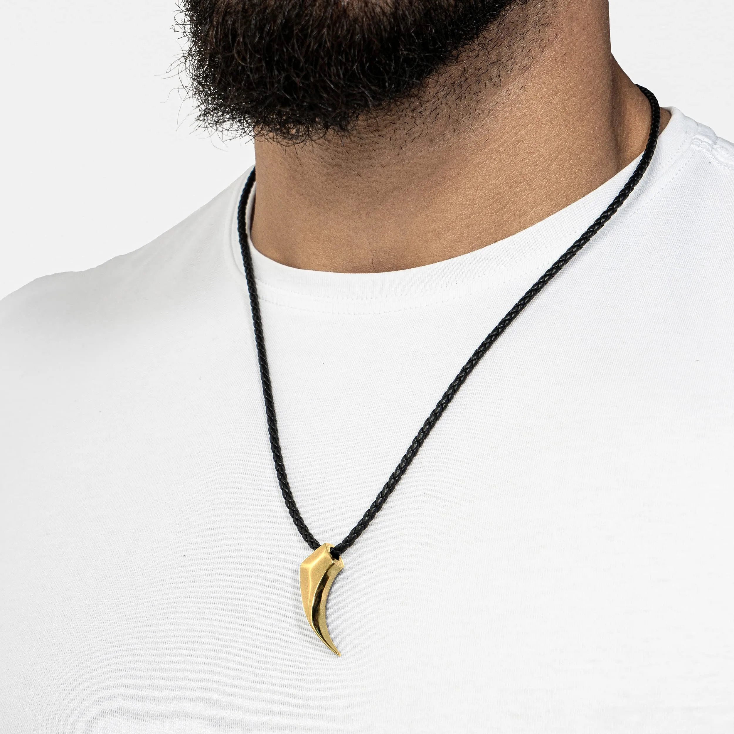 SERASAR Collana Uomo Pelle Dente di Lupo Oro Talismano Acciaio 316L 50cm - immagine 3
