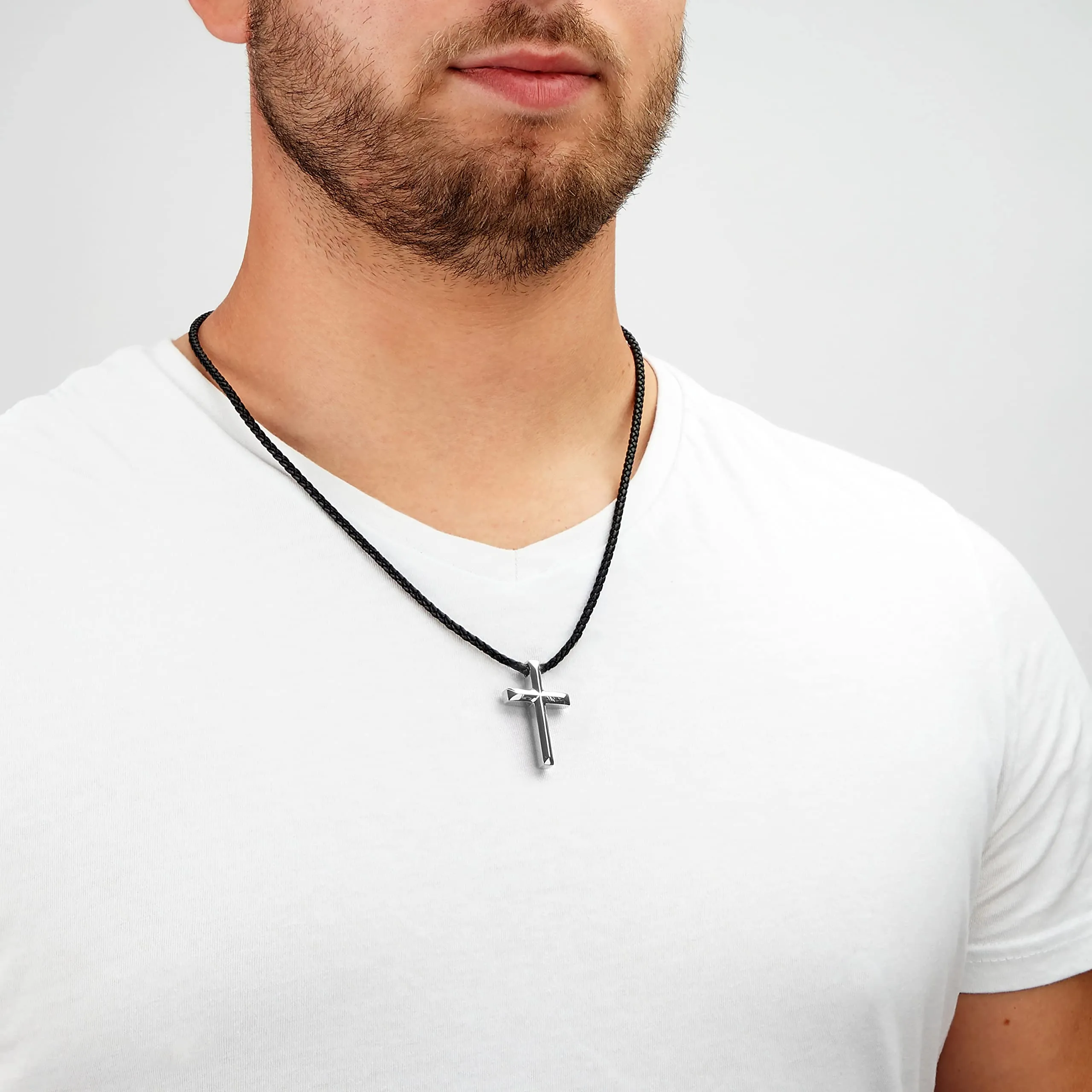 SERASAR Collana Uomo Cuoio Croce Argento Minimalista Acciaio 316L 60cm - immagine 3