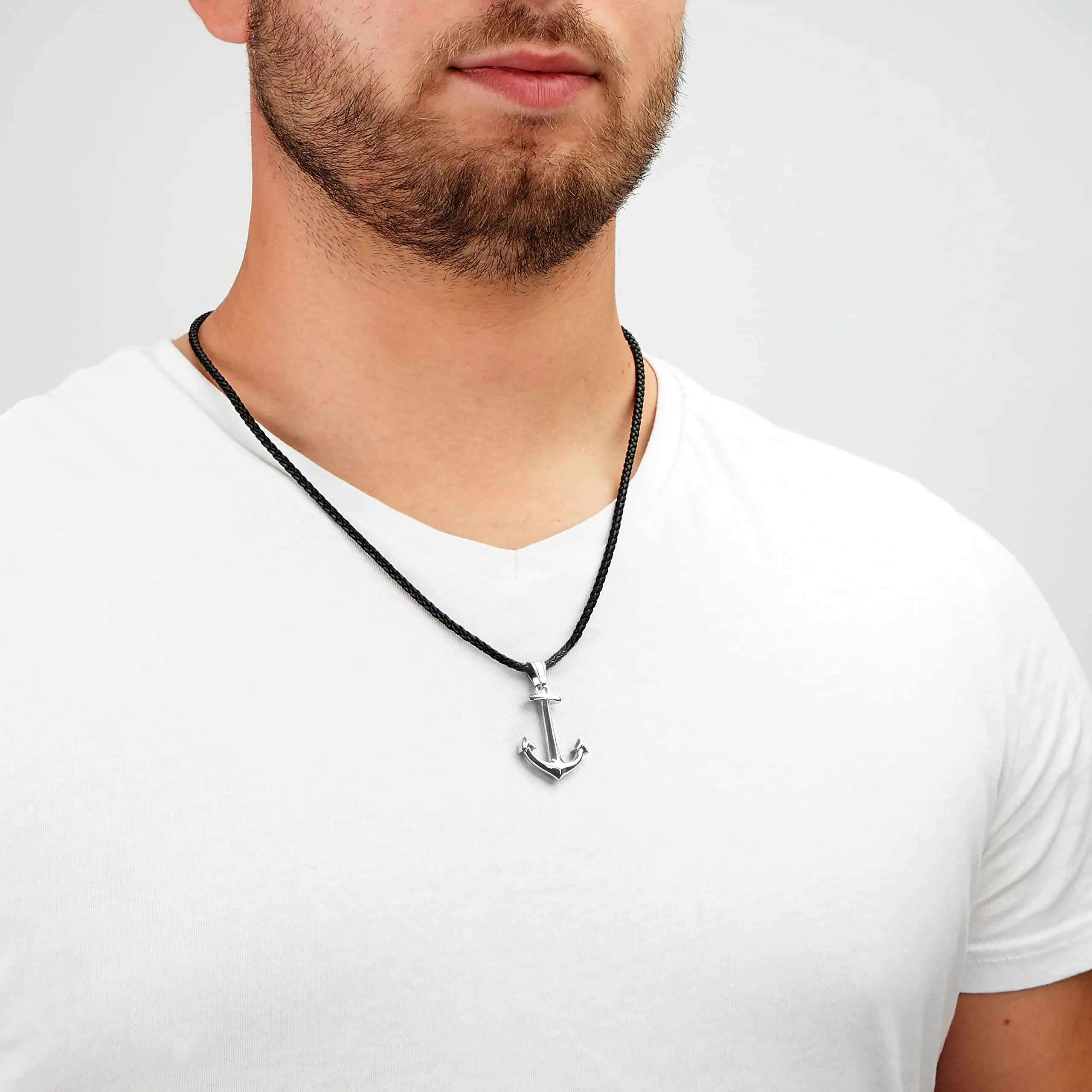 SERASAR Collana Uomo Cuoio Ancora Argento Acciaio Regalo Ragazzo Moda 60cm - immagine 3
