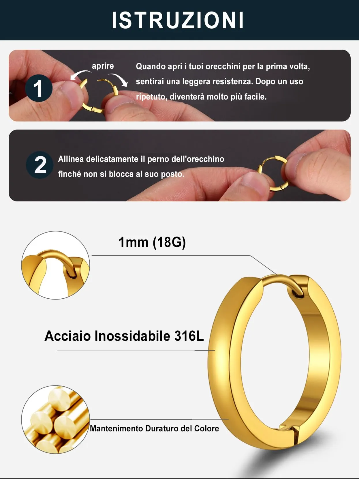 PROSTEEL 3 Paia Orecchini a Cerchio Uomo Donna Cerchietti Orecchini Oro 7/9/12 mm in Acciaio Inossidabile con Confezione Regalo - immagine 3