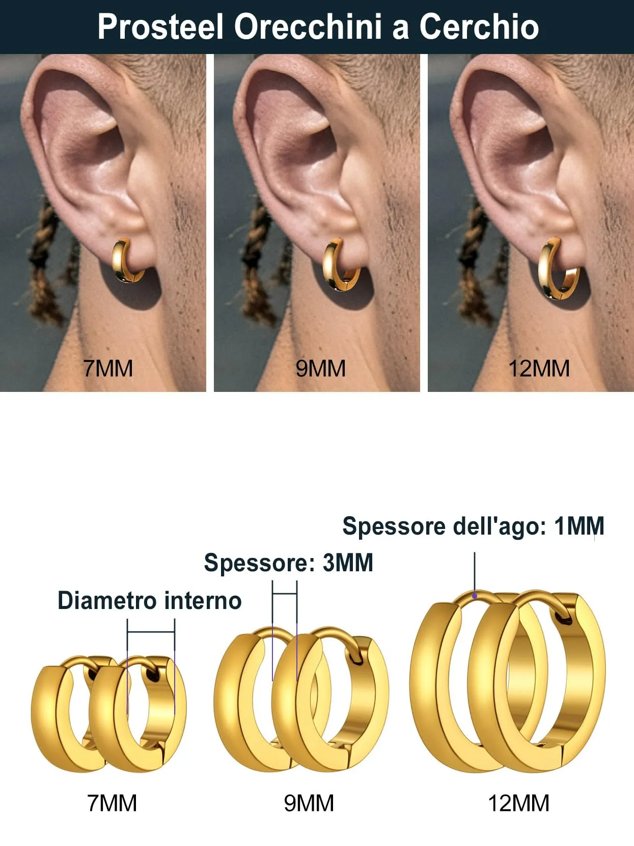 PROSTEEL 3 Paia Orecchini a Cerchio Uomo Donna Cerchietti Orecchini Oro 7/9/12 mm in Acciaio Inossidabile con Confezione Regalo - immagine 5