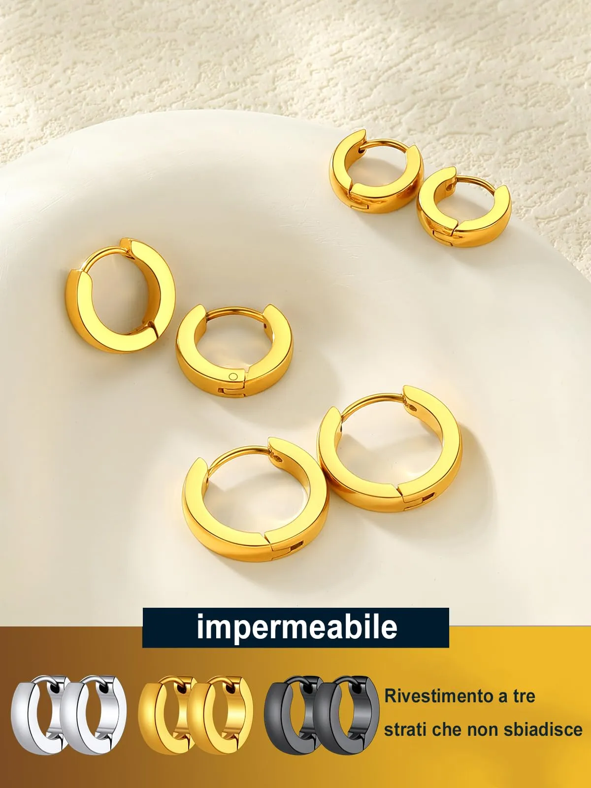 PROSTEEL 3 Paia Orecchini a Cerchio Uomo Donna Cerchietti Orecchini Oro 7/9/12 mm in Acciaio Inossidabile con Confezione Regalo - immagine 6