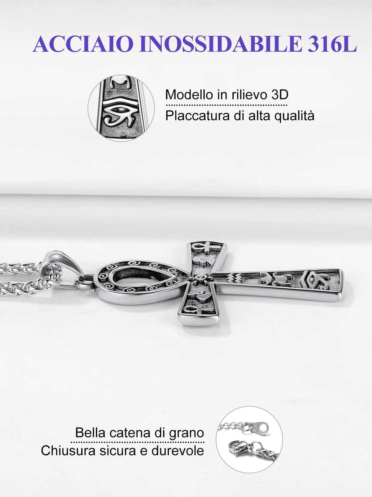 Richsteel Egiziano Ankh Collana Pendente Croce di Ankh dall'Egitto Acciaio Inossidabile/Oro/Nero Catena 55+5 cm Gioielli Africani Fantasia Regalo Originale per Donna Uomo Adolescente Ragazzi - immagine 2