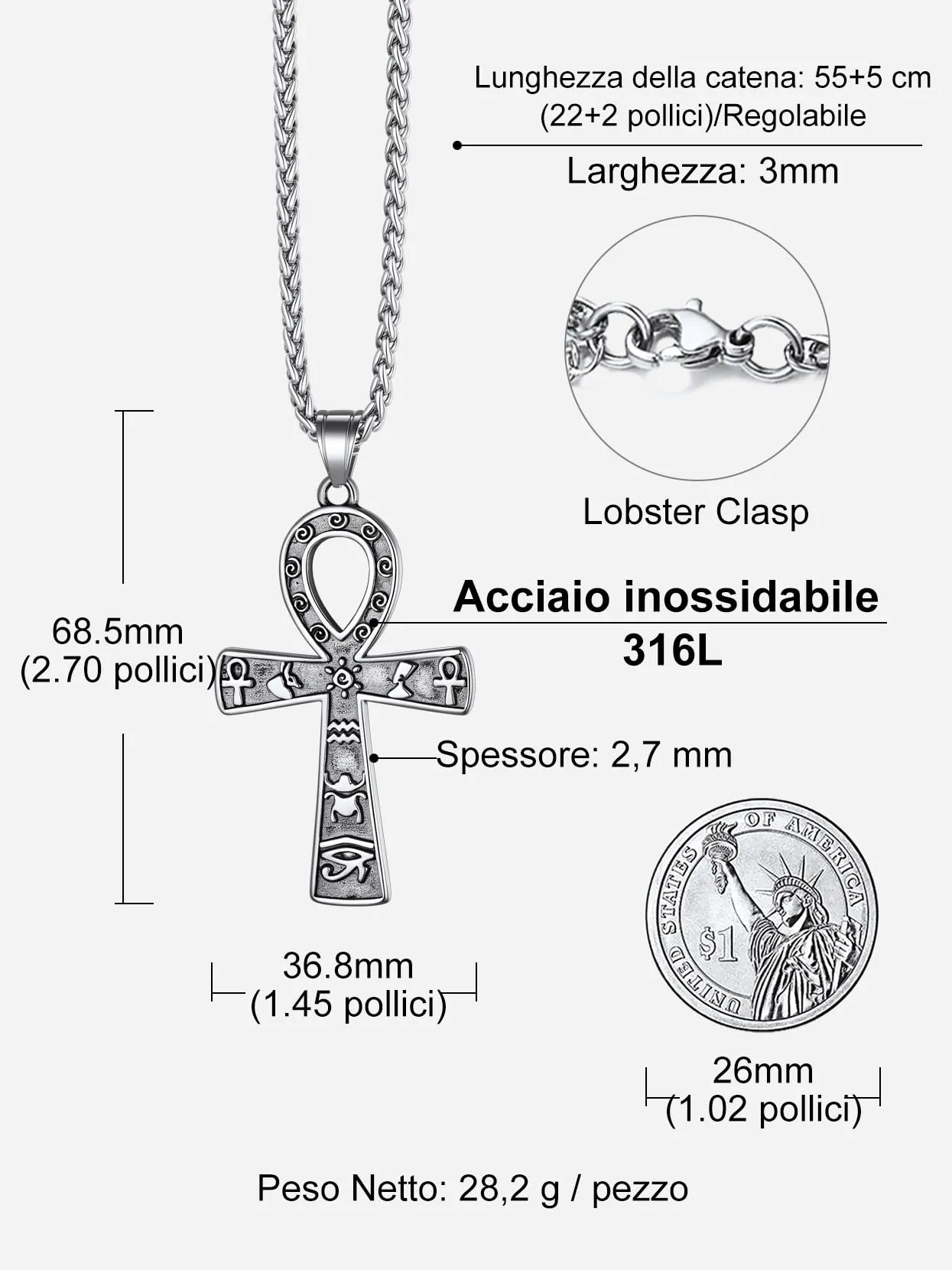 Richsteel Egiziano Ankh Collana Pendente Croce di Ankh dall'Egitto Acciaio Inossidabile/Oro/Nero Catena 55+5 cm Gioielli Africani Fantasia Regalo Originale per Donna Uomo Adolescente Ragazzi - immagine 3