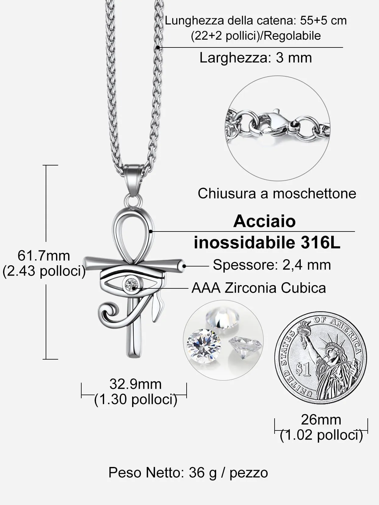 Richsteel Egiziano Ankh Collana Pendente Croce di Ankh dall'Egitto Acciaio Inossidabile/Oro/Nero Catena 55+5 cm Gioielli Africani Fantasia Regalo Originale per Donna Uomo Adolescente Ragazzi - immagine 3