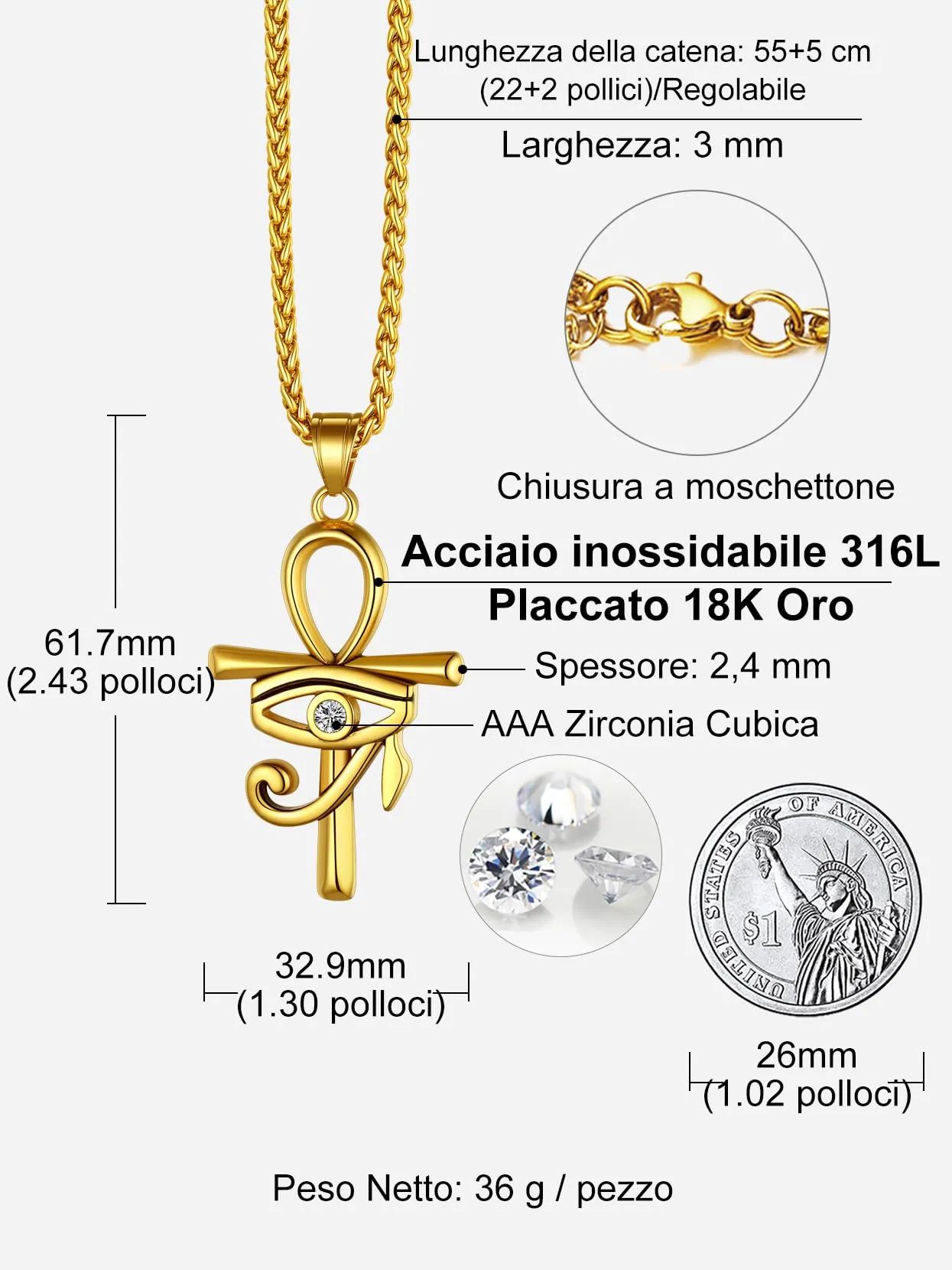 Richsteel Egiziano Ankh Collana Pendente Croce di Ankh dall'Egitto Acciaio Inossidabile/Oro/Nero Catena 55+5 cm Gioielli Africani Fantasia Regalo Originale per Donna Uomo Adolescente Ragazzi - immagine 3