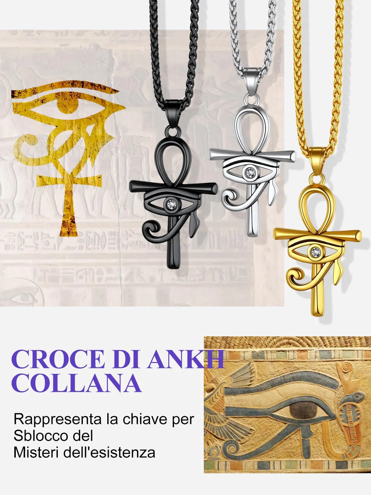 Richsteel Egiziano Ankh Collana Pendente Croce di Ankh dall'Egitto Acciaio Inossidabile/Oro/Nero Catena 55+5 cm Gioielli Africani Fantasia Regalo Originale per Donna Uomo Adolescente Ragazzi - immagine 4