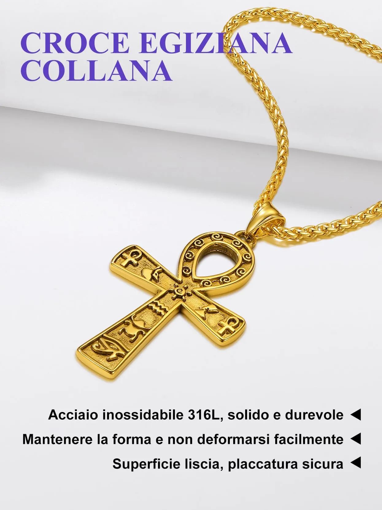 Richsteel Egiziano Ankh Collana Pendente Croce di Ankh dall'Egitto Acciaio Inossidabile/Oro/Nero Catena 55+5 cm Gioielli Africani Fantasia Regalo Originale per Donna Uomo Adolescente Ragazzi - immagine 2