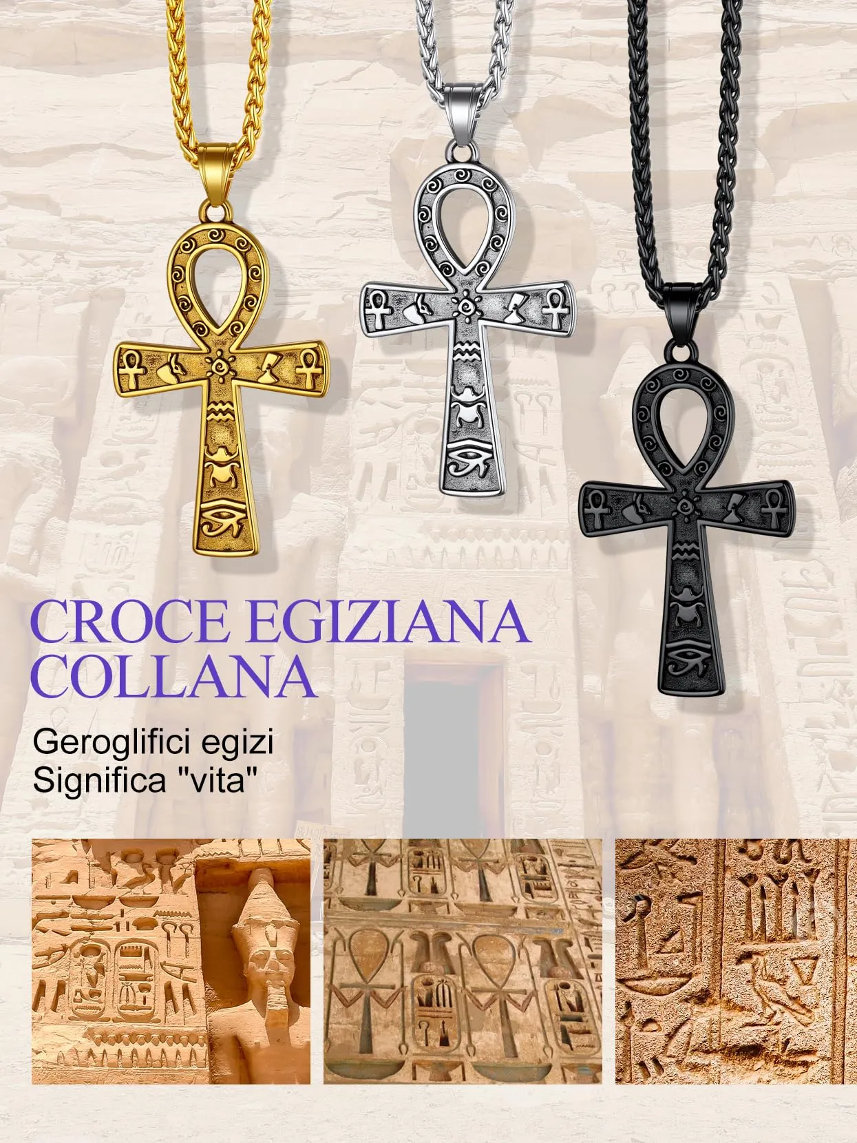 Richsteel Egiziano Ankh Collana Pendente Croce di Ankh dall'Egitto Acciaio Inossidabile/Oro/Nero Catena 55+5 cm Gioielli Africani Fantasia Regalo Originale per Donna Uomo Adolescente Ragazzi - immagine 4