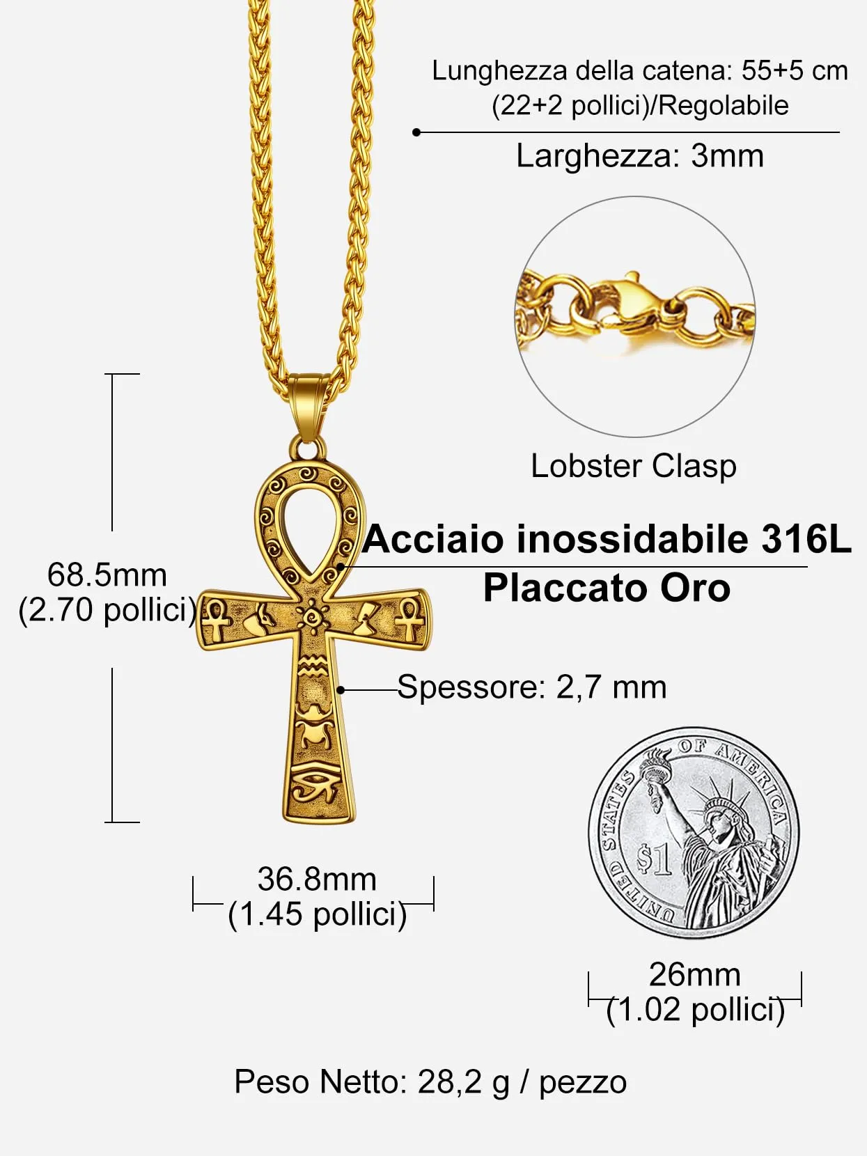 Richsteel Egiziano Ankh Collana Pendente Croce di Ankh dall'Egitto Acciaio Inossidabile/Oro/Nero Catena 55+5 cm Gioielli Africani Fantasia Regalo Originale per Donna Uomo Adolescente Ragazzi - immagine 5
