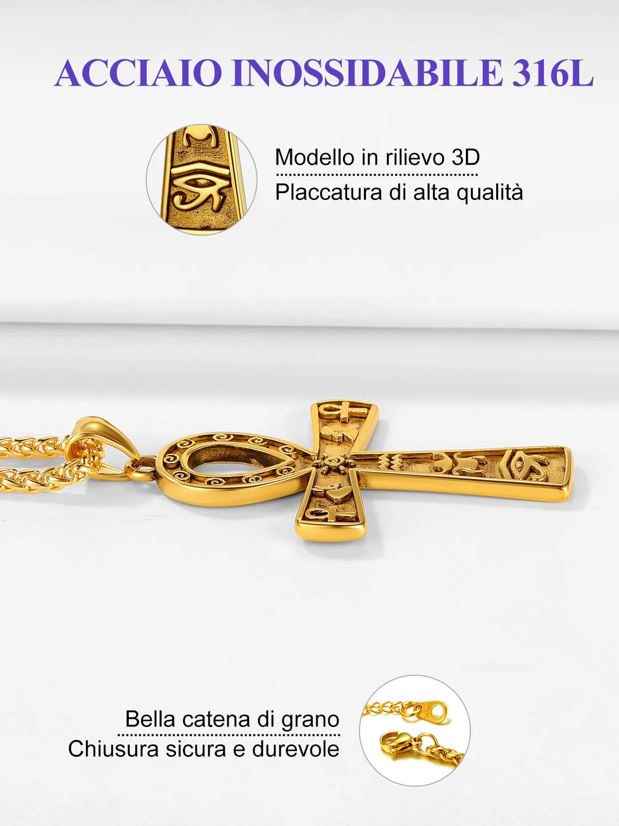 Richsteel Egiziano Ankh Collana Pendente Croce di Ankh dall'Egitto Acciaio Inossidabile/Oro/Nero Catena 55+5 cm Gioielli Africani Fantasia Regalo Originale per Donna Uomo Adolescente Ragazzi - immagine 6