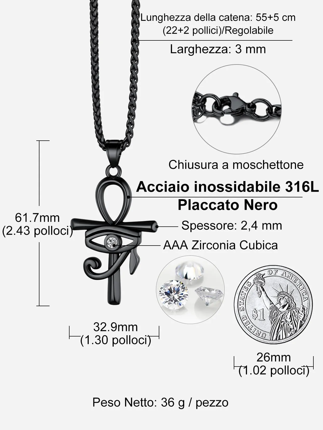Richsteel Egiziano Ankh Collana Pendente Croce di Ankh dall'Egitto Acciaio Inossidabile/Oro/Nero Catena 55+5 cm Gioielli Africani Fantasia Regalo Originale per Donna Uomo Adolescente Ragazzi - immagine 2