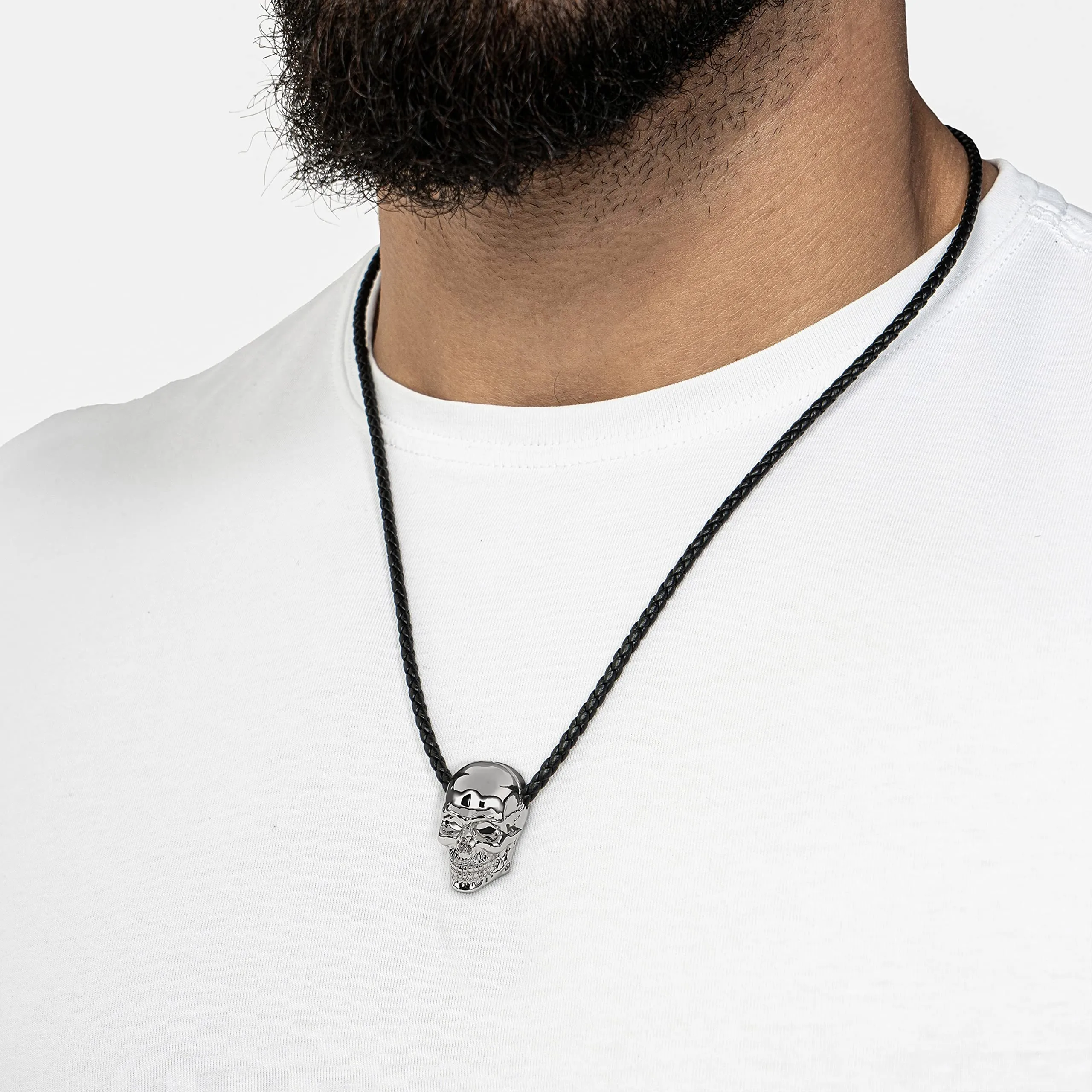 SERASAR Collana Uomo Pelle Teschio Argento Morte Gotico Regalo Marito 60cm - immagine 3