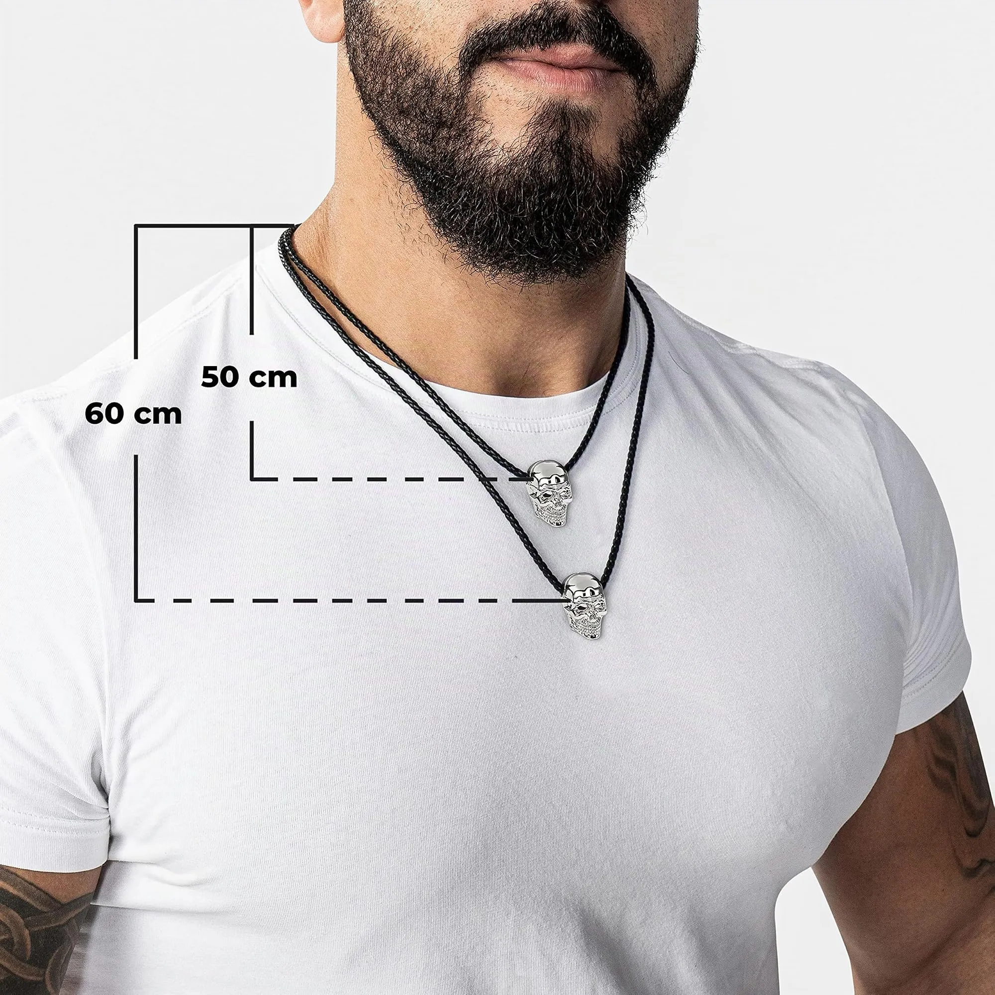 SERASAR Collana Uomo Pelle Teschio Argento Morte Gotico Regalo Marito 60cm - immagine 4