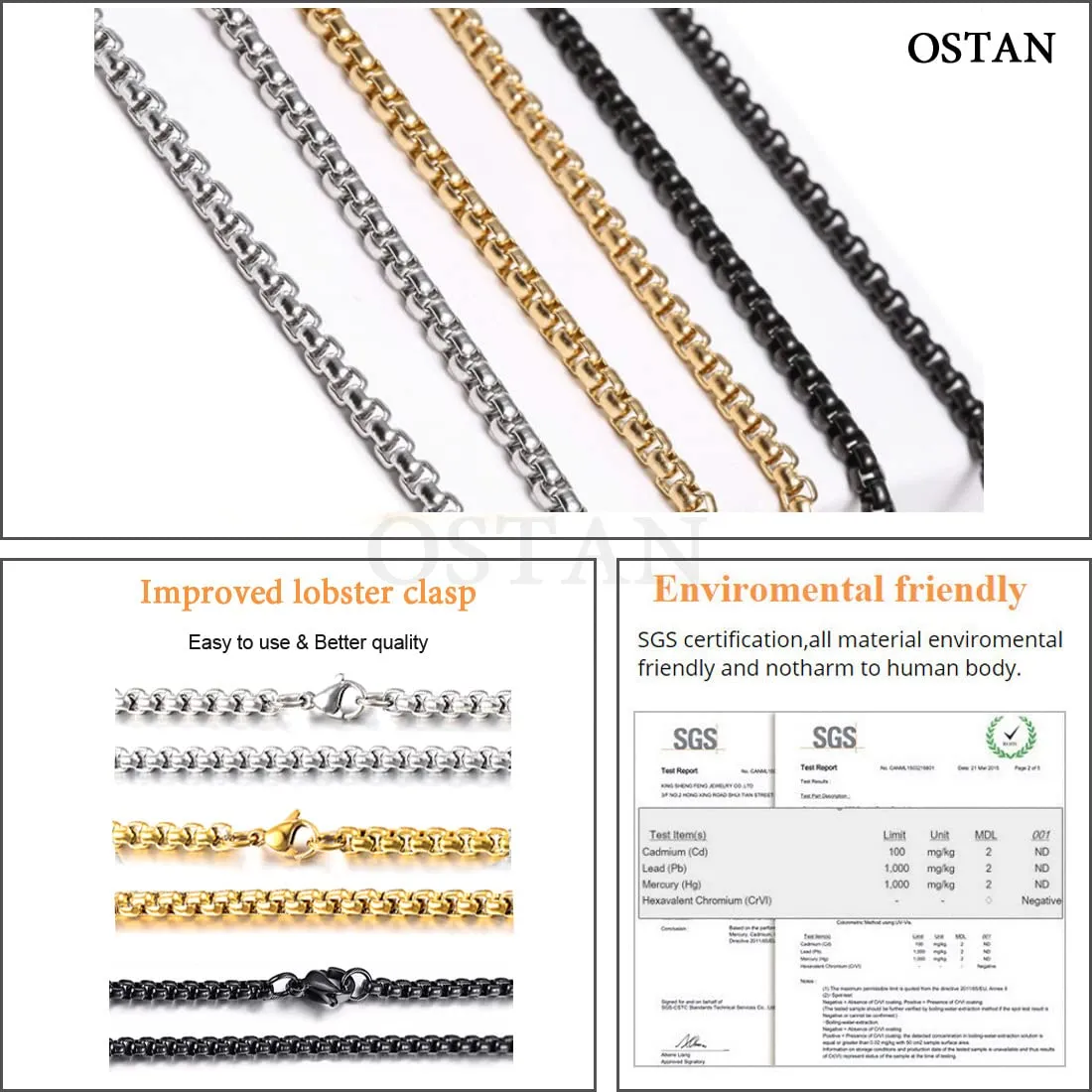 Ostan - Collana da uomo e da donna in acciaio inox con catena a maglia veneziana, briolette, larghezza 2/3 / 4/5 mm, lunghezza 45-80 cm, normale, Acciaio inossidabile, Non pertinente. - immagine 5