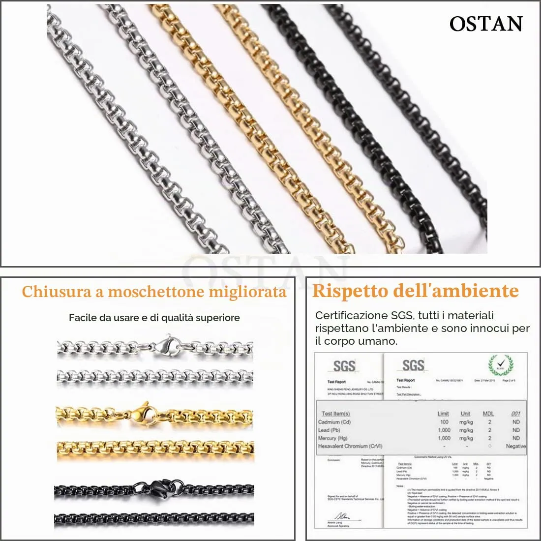 OSTAN Collana da uomo e donna in acciaio inossidabile con catena veneziana in argento Briolette, 80 cm, Lucido, Normal, 15 grams - immagine 5