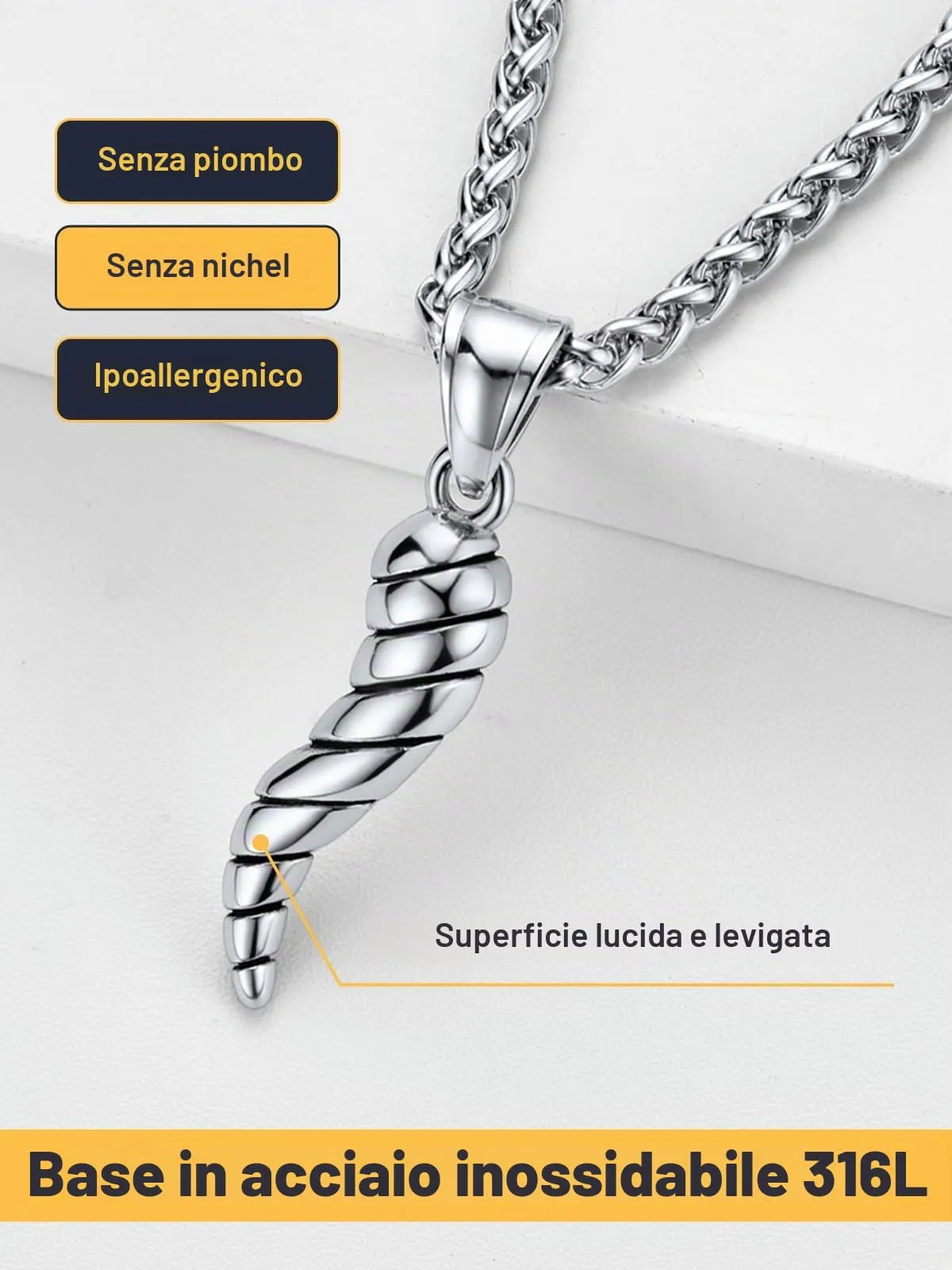 U7 Collana Uomo Portafortuna Corno Italiano 40mm Acciaio Inossidabile - immagine 4