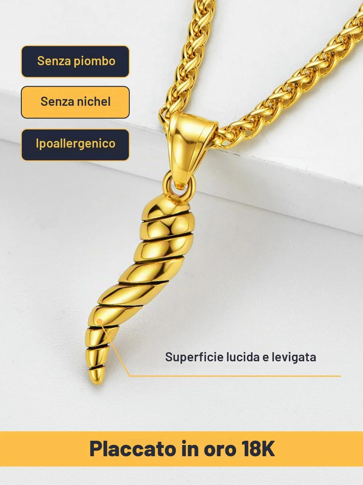 U7 Collana Uomo Portafortuna Corno Italiano Oro 40mm Acciaio Inossidabile - immagine 4