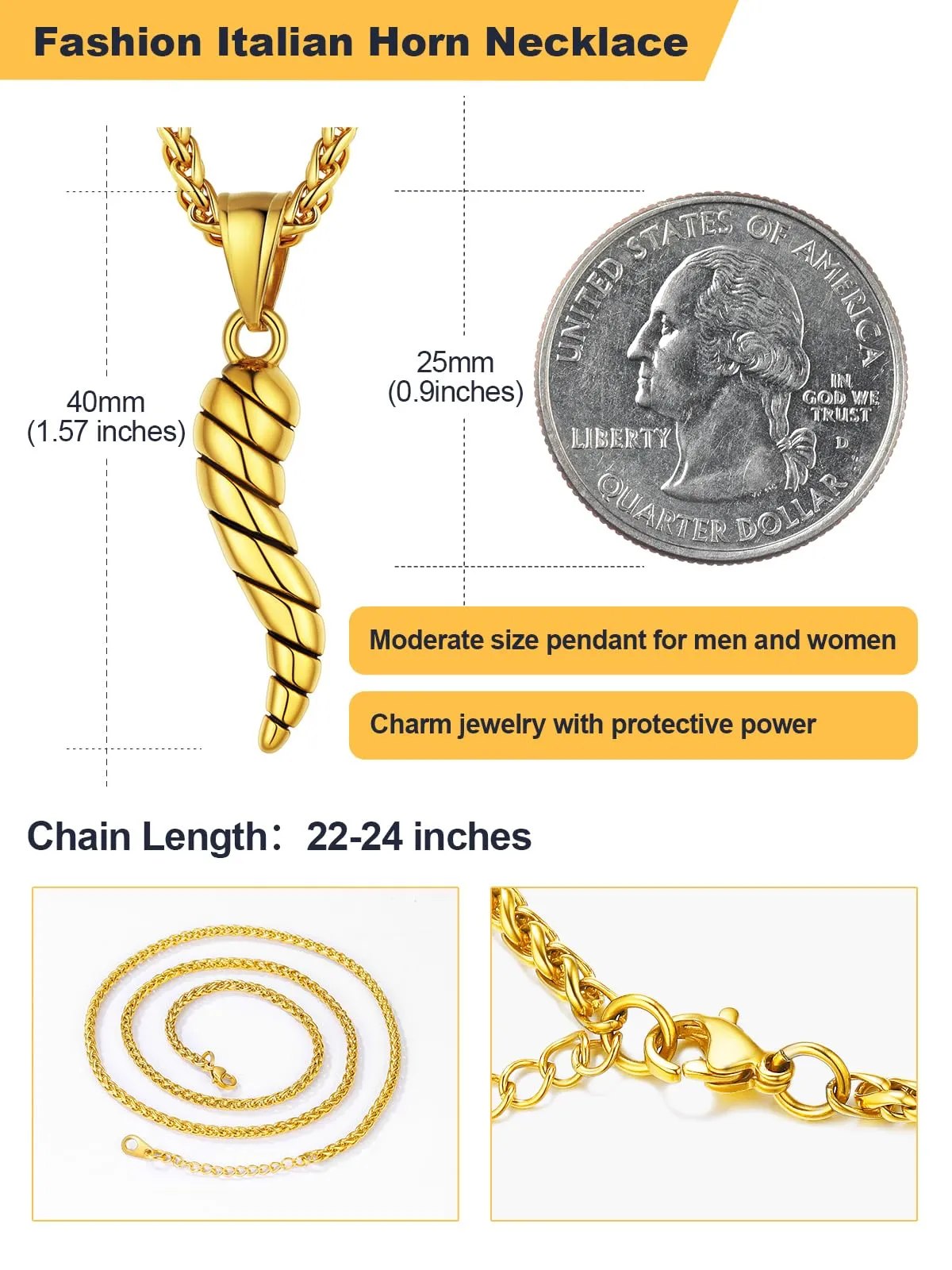 U7 Collana Uomo Portafortuna Corno Italiano Oro 40mm Acciaio Inossidabile - immagine 6