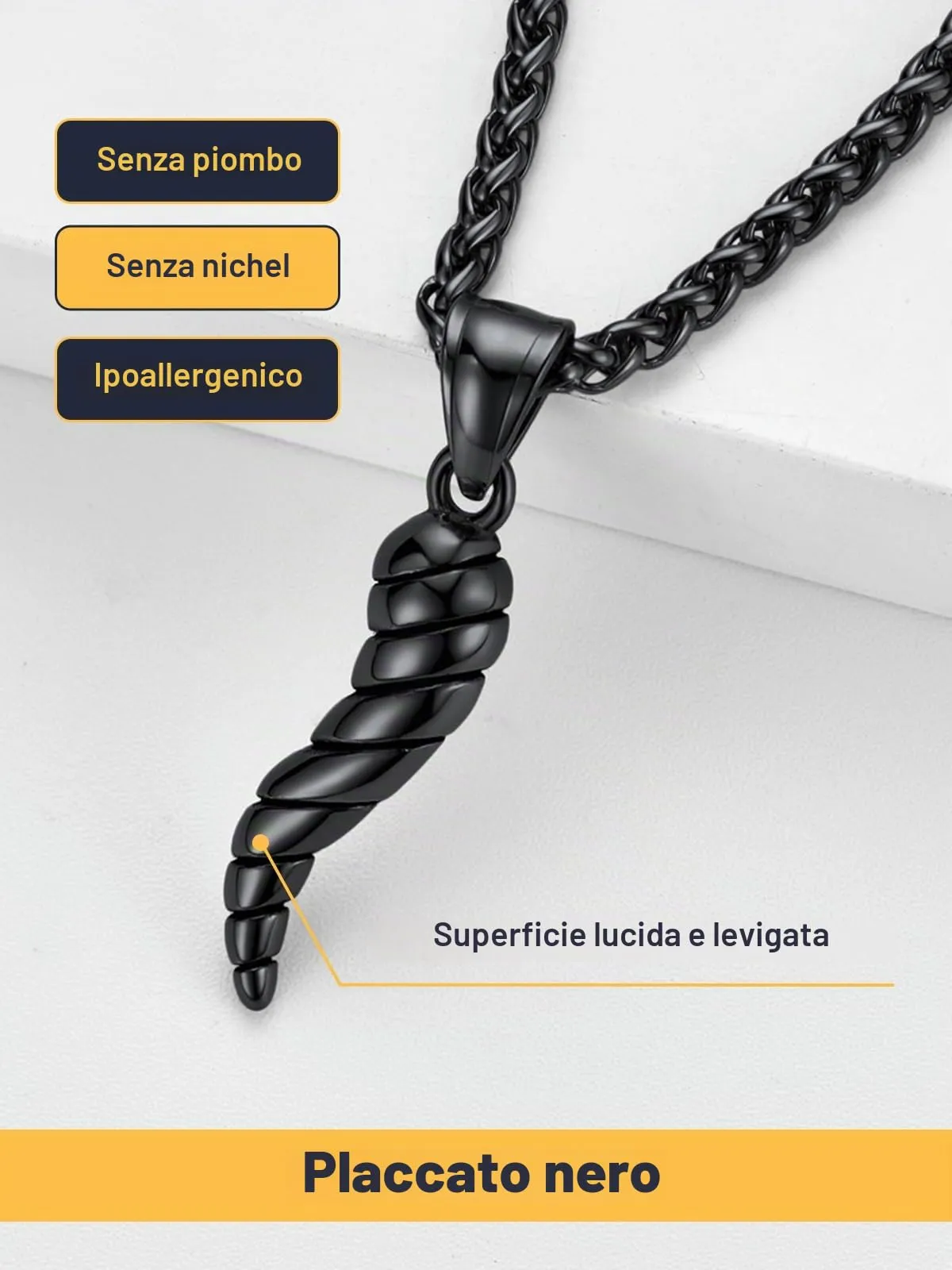 U7 Collana Uomo Portafortuna Corno Italiano Nero 40mm Acciaio Inossidabile - immagine 4