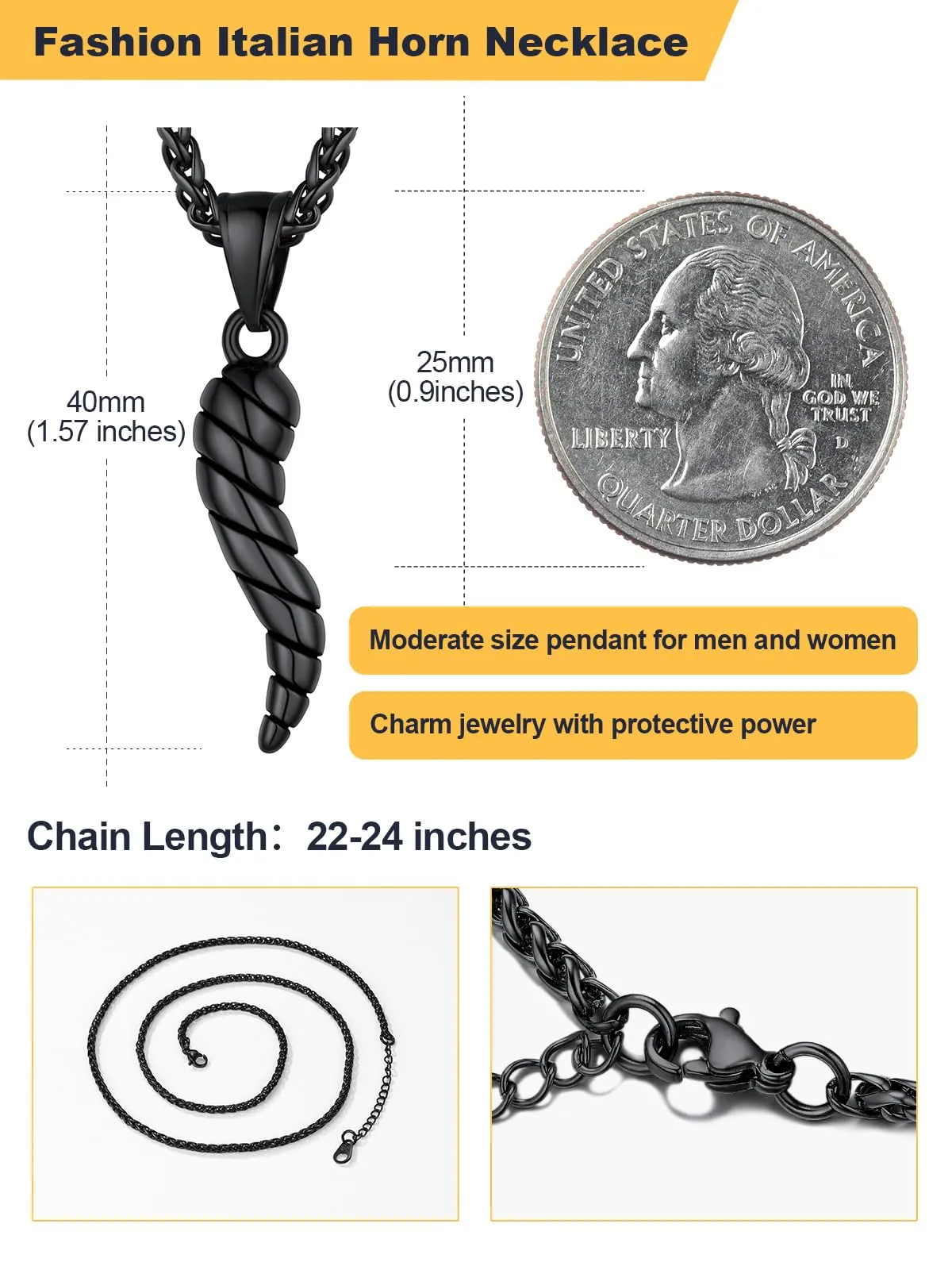 U7 Collana Uomo Portafortuna Corno Italiano Nero 40mm Acciaio Inossidabile - immagine 5