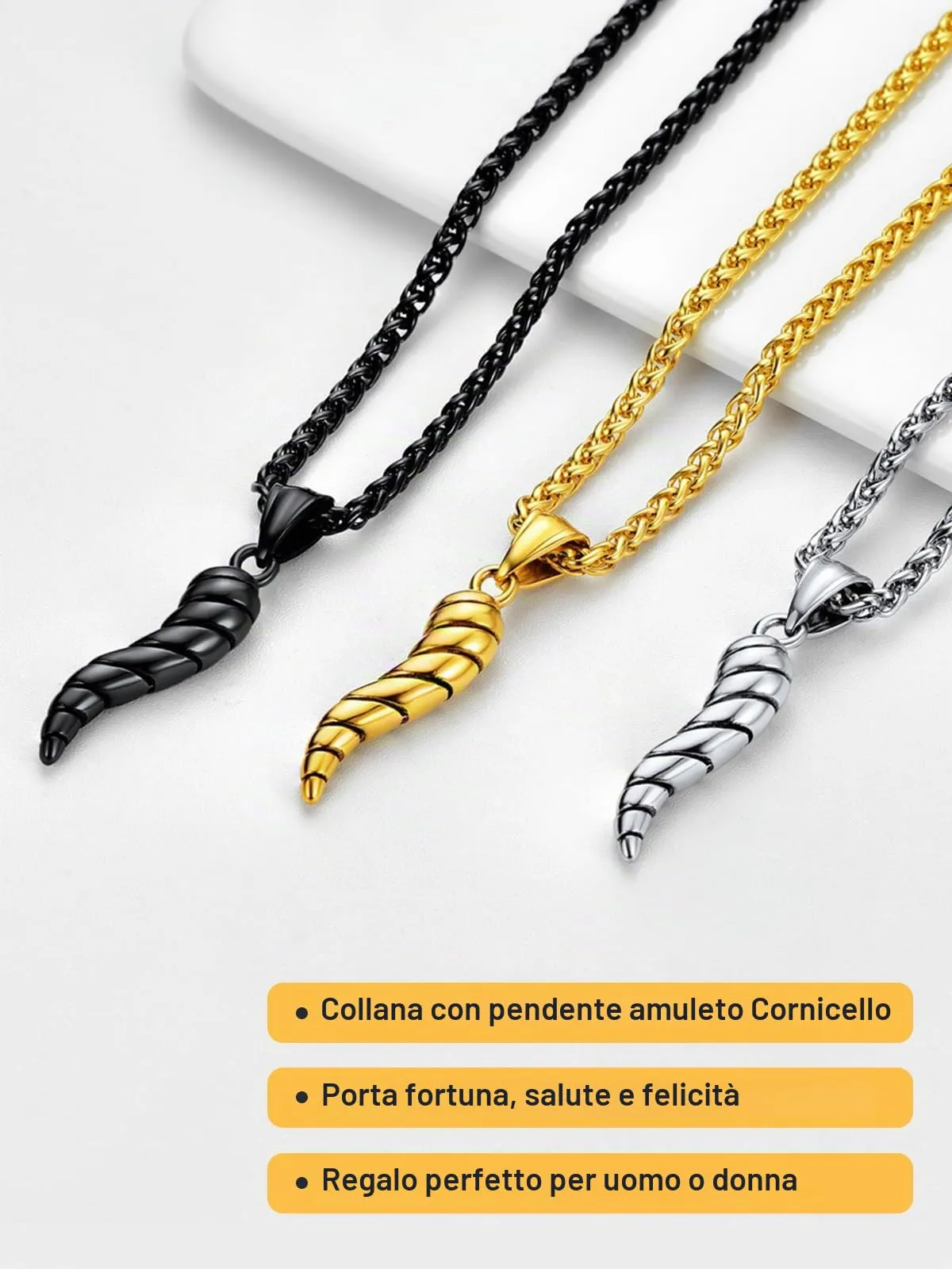 U7 Collana Uomo Portafortuna Corno Italiano Nero 40mm Acciaio Inossidabile - immagine 6