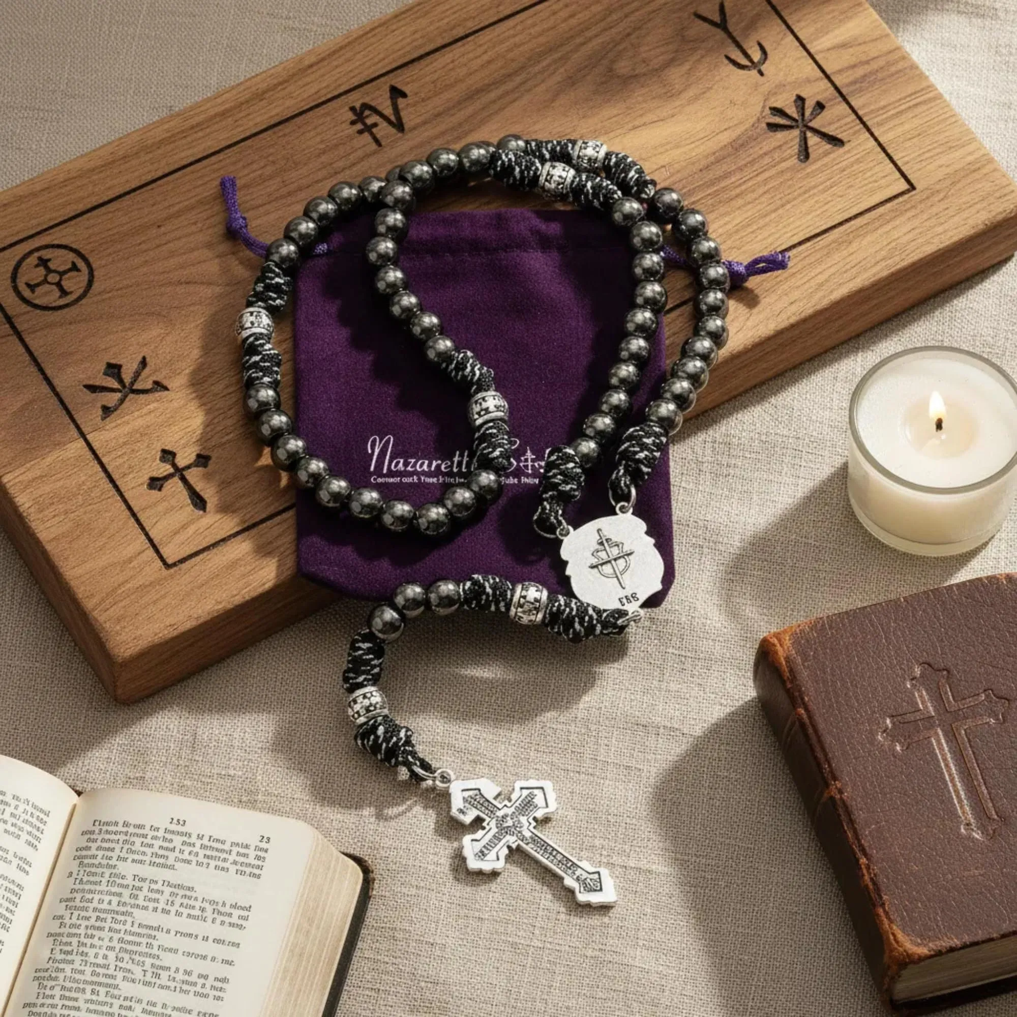 Nazareth Store Rosario in paracord, medaglietta di San Michele in metallo solido, perline da 10 mm, rosario cattolico con crocifisso di perdono, 22 Inches, Pietra, Nessuna pietra preziosa - immagine 7