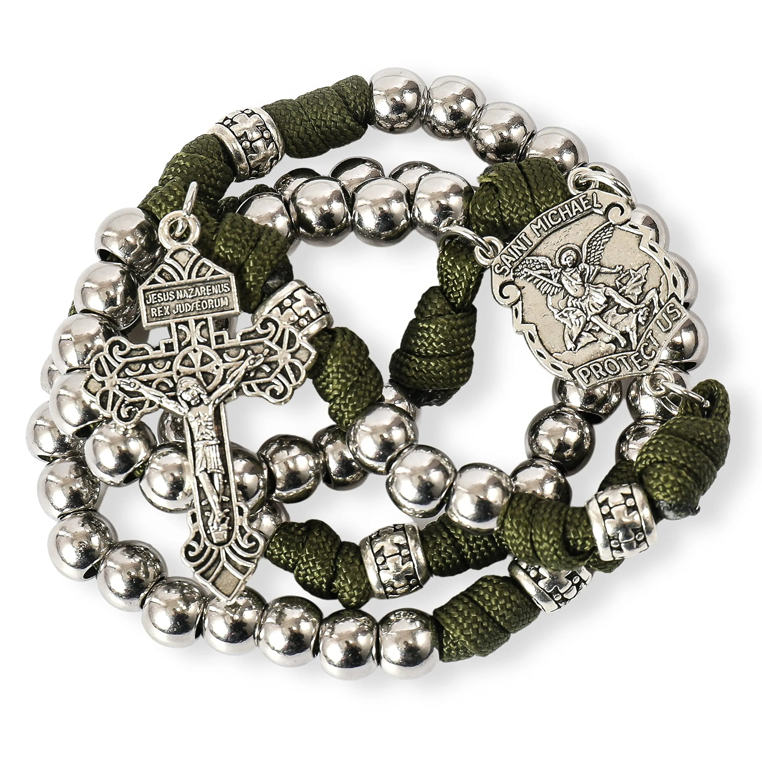Nazareth Store Rosario in paracord di San Michele collana rosario robusta con cordoncino resistente e crocifisso cattolico del Perdono (Argento) - immagine 1