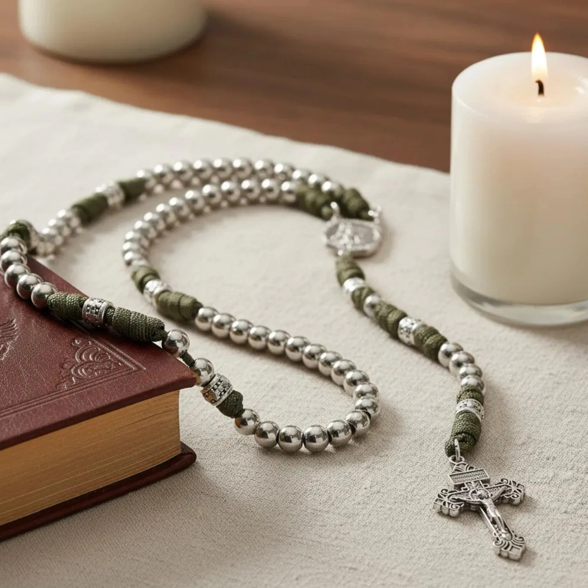 Nazareth Store Rosario in paracord di San Michele collana rosario robusta con cordoncino resistente e crocifisso cattolico del Perdono (Argento) - immagine 6