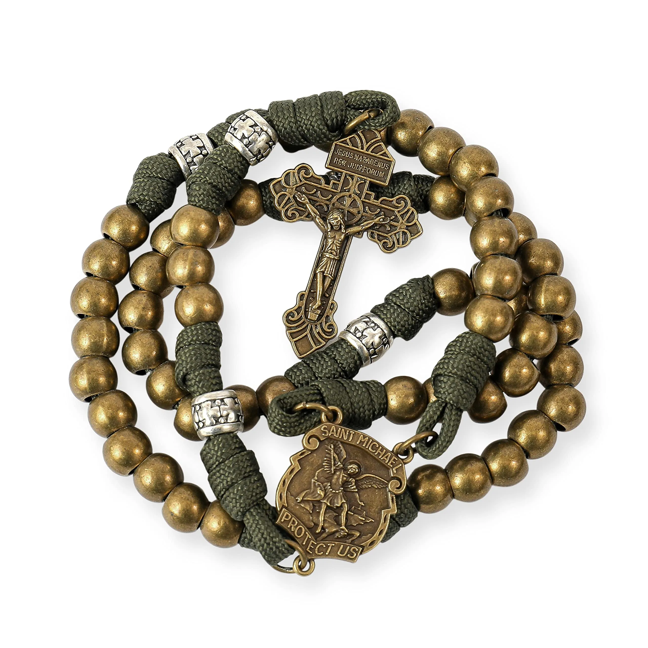 Nazareth Store - Collana con perline in paracord rosario, medaglia di San Michele, con perline robuste in metallo da 10mm, rosario cattolico del nostro padre con crocifisso perdono, 22", Pietra - immagine 1