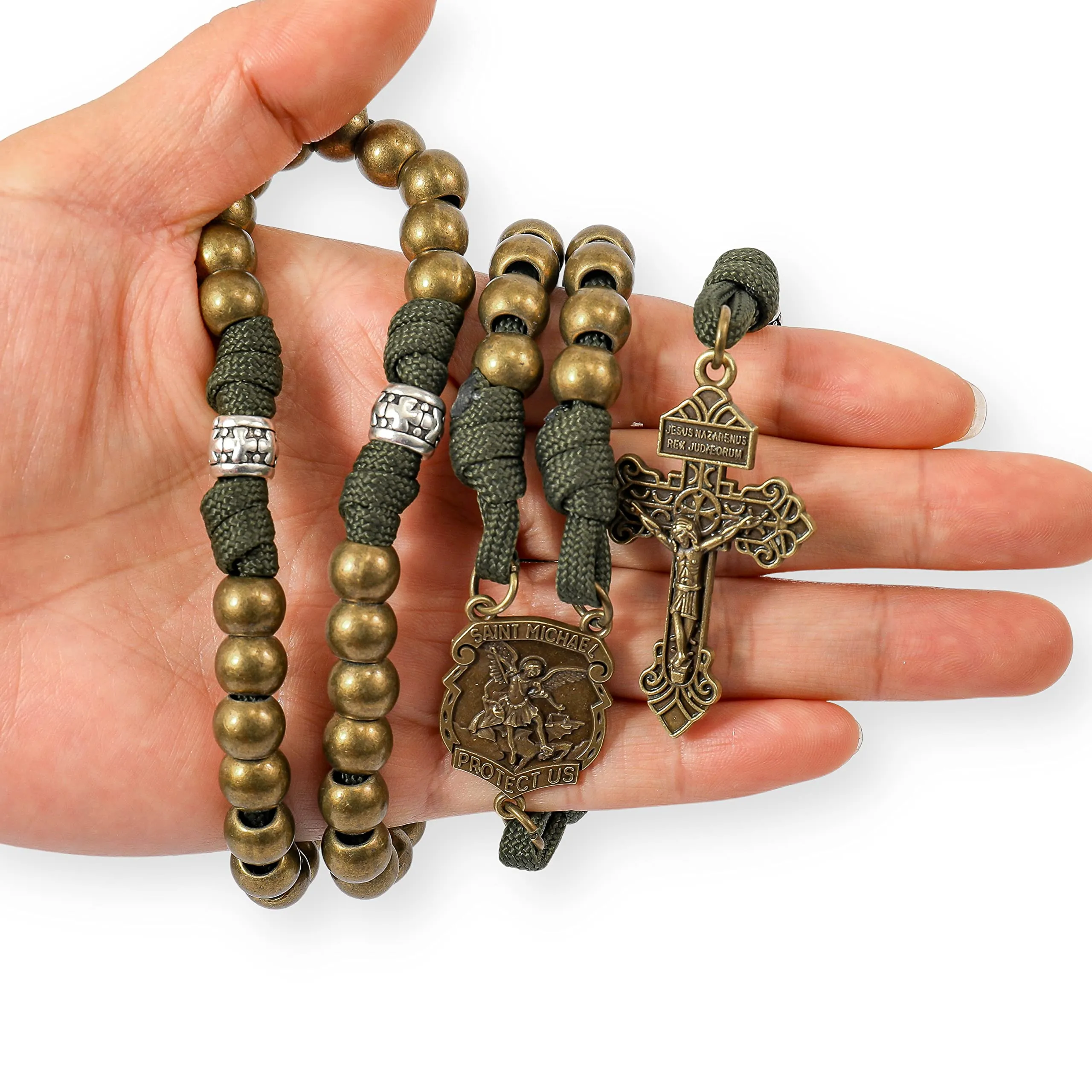 Nazareth Store - Collana con perline in paracord rosario, medaglia di San Michele, con perline robuste in metallo da 10mm, rosario cattolico del nostro padre con crocifisso perdono, 22", Pietra - immagine 4