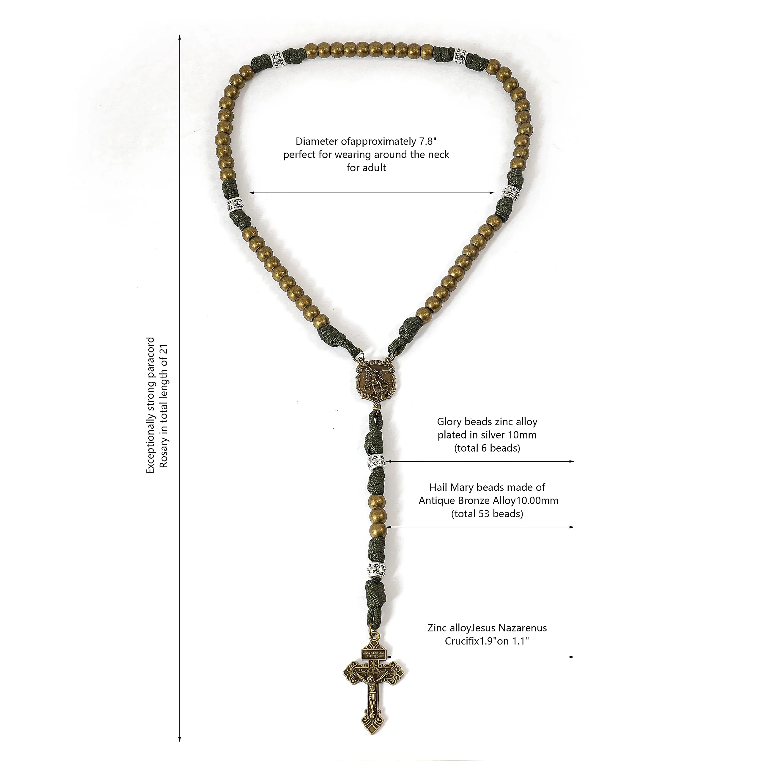 Nazareth Store - Collana con perline in paracord rosario, medaglia di San Michele, con perline robuste in metallo da 10mm, rosario cattolico del nostro padre con crocifisso perdono, 22", Pietra - immagine 5
