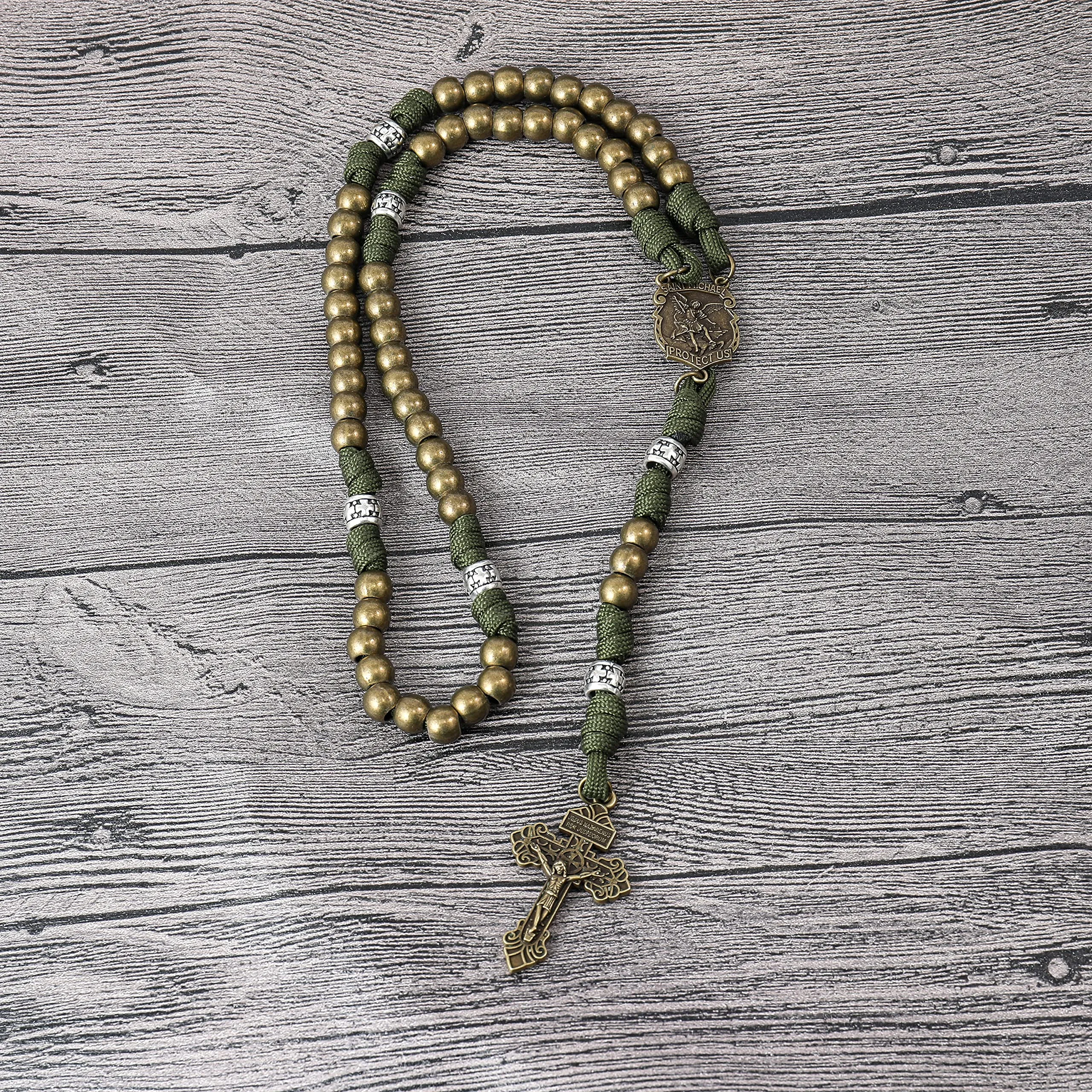 Nazareth Store - Collana con perline in paracord rosario, medaglia di San Michele, con perline robuste in metallo da 10mm, rosario cattolico del nostro padre con crocifisso perdono, 22", Pietra - immagine 6