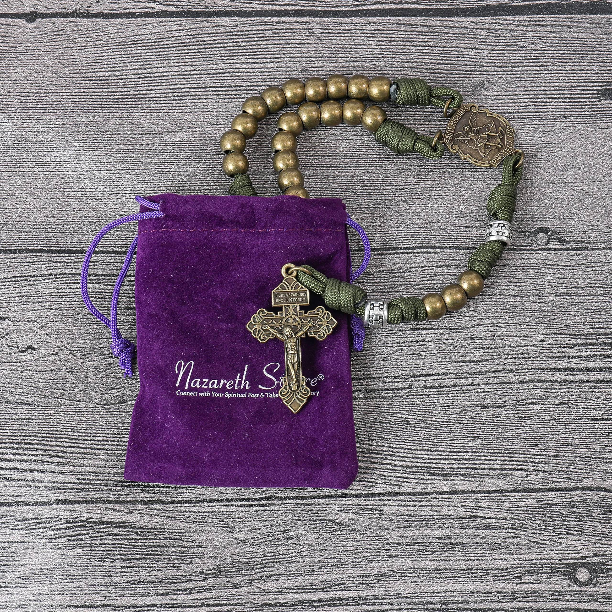 Nazareth Store - Collana con perline in paracord rosario, medaglia di San Michele, con perline robuste in metallo da 10mm, rosario cattolico del nostro padre con crocifisso perdono, 22", Pietra - immagine 7