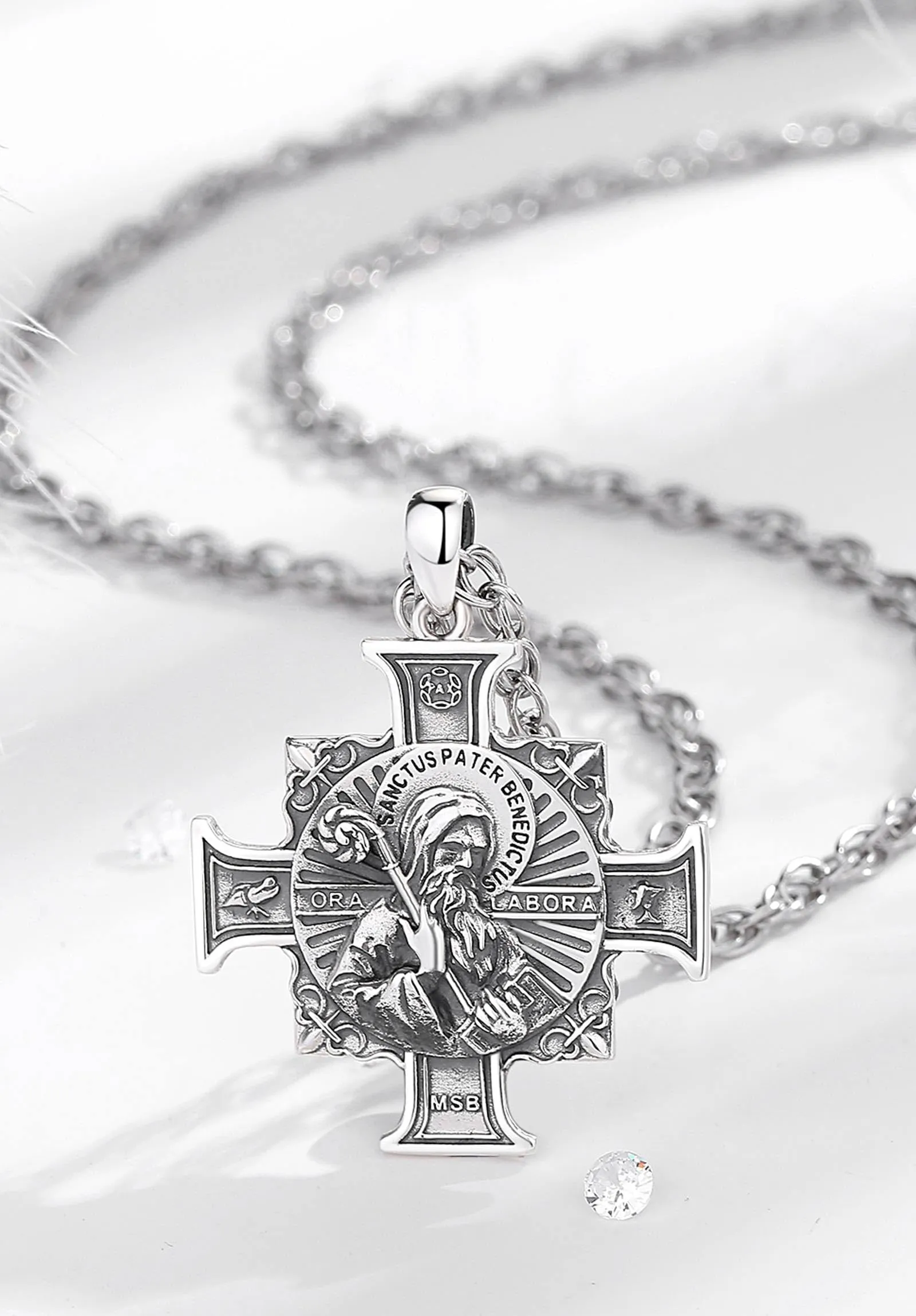 AEONSLOVE Medaglia San Benedetto Argento 925 Uomo Donna Collana Croce di San Benedetto Ciondolo Amuleto di Protezione Cattolico Cristiani Gioielli Religiosi - immagine 2