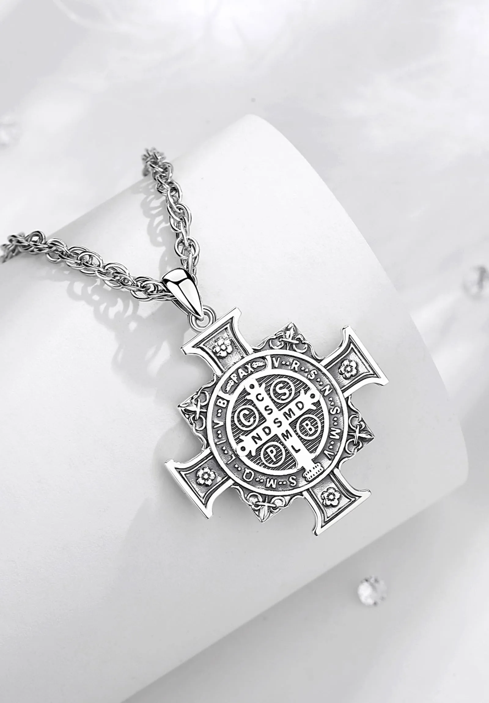 AEONSLOVE Medaglia San Benedetto Argento 925 Uomo Donna Collana Croce di San Benedetto Ciondolo Amuleto di Protezione Cattolico Cristiani Gioielli Religiosi - immagine 3