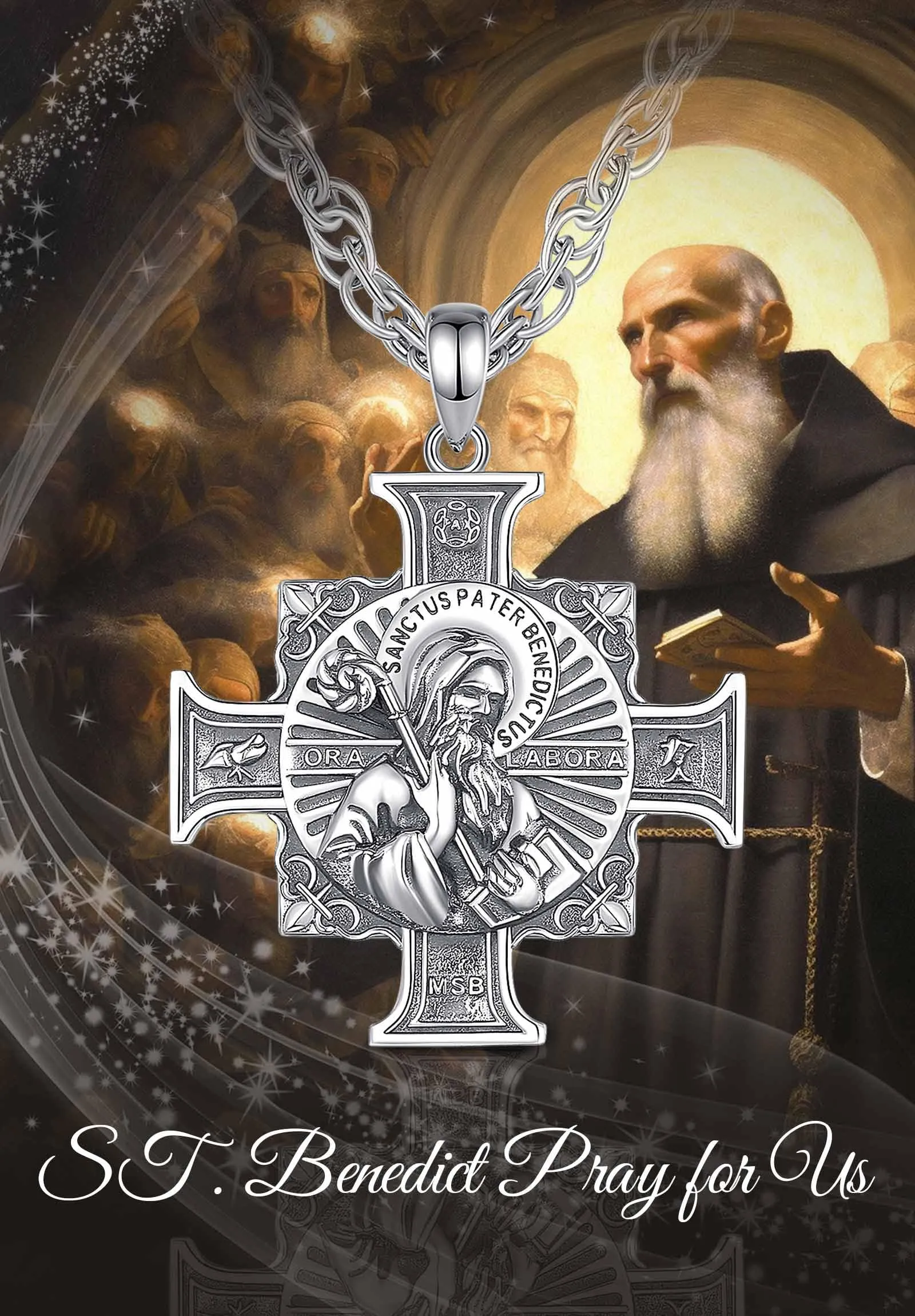 AEONSLOVE Medaglia San Benedetto Argento 925 Uomo Donna Collana Croce di San Benedetto Ciondolo Amuleto di Protezione Cattolico Cristiani Gioielli Religiosi - immagine 4