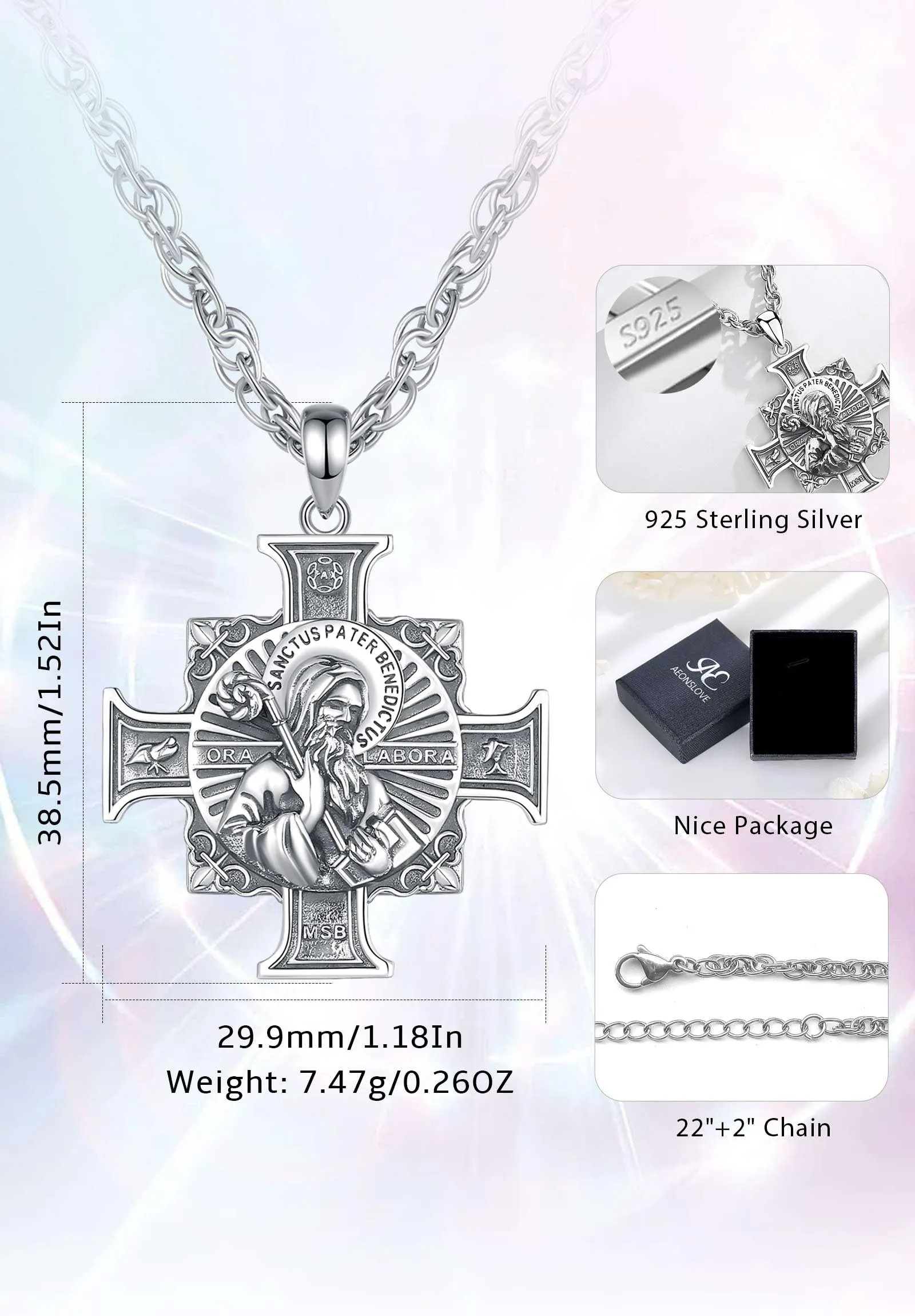 AEONSLOVE Medaglia San Benedetto Argento 925 Uomo Donna Collana Croce di San Benedetto Ciondolo Amuleto di Protezione Cattolico Cristiani Gioielli Religiosi - immagine 7
