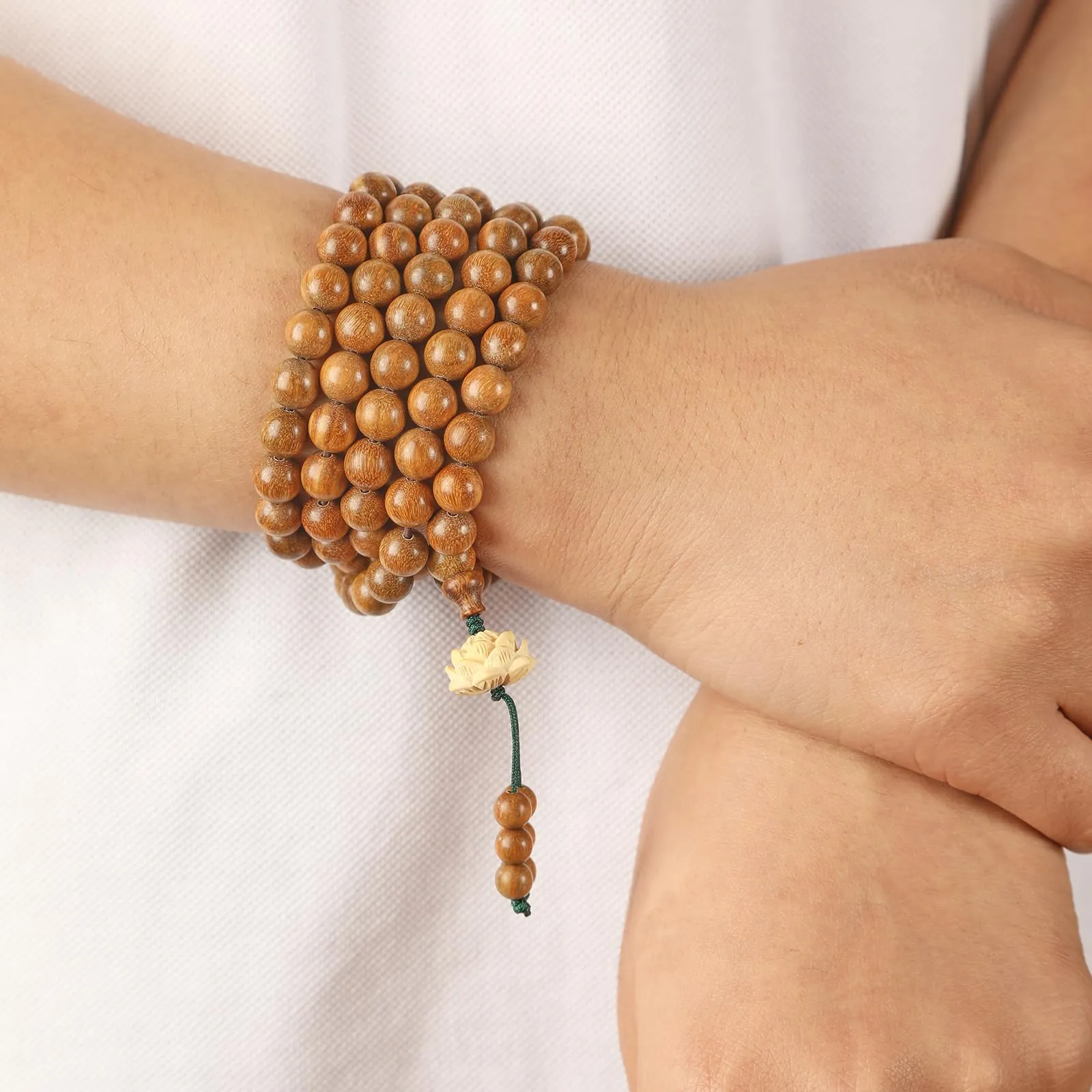 Mansiyuyee Collana con 108 perline in legno di sandalo verde naturale, perline per preghiera buddista, per meditazione e yoga, 34 inches long, Legno, Non pietra preziosa - immagine 5