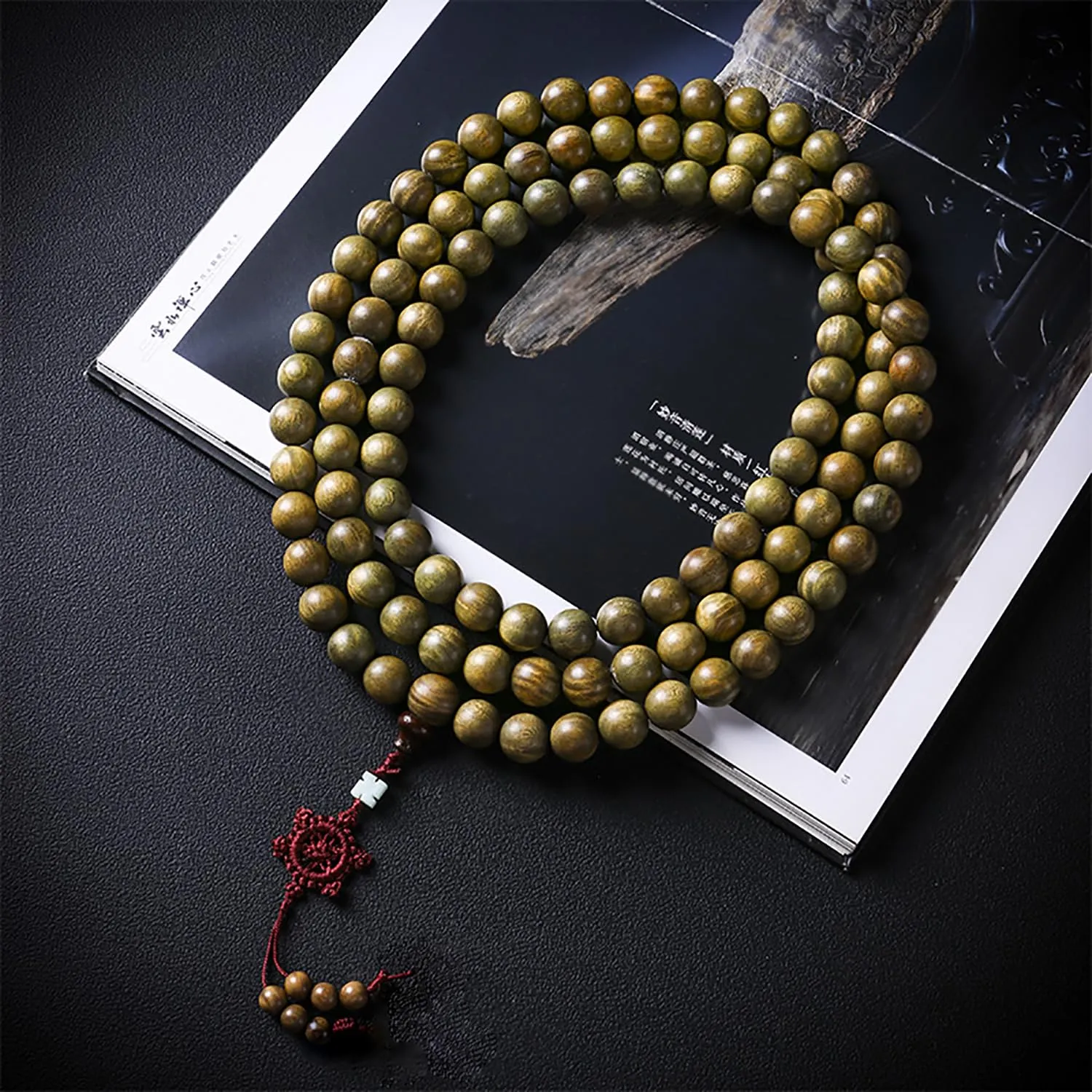 Mansiyuyee Collana Naturale di Legno di Sandalo Verde con 108 Grani Mala, Perline Buddiste per Preghiera, Meditazione o Yoga, X-Large, Legno, Non pietra preziosa - immagine 7